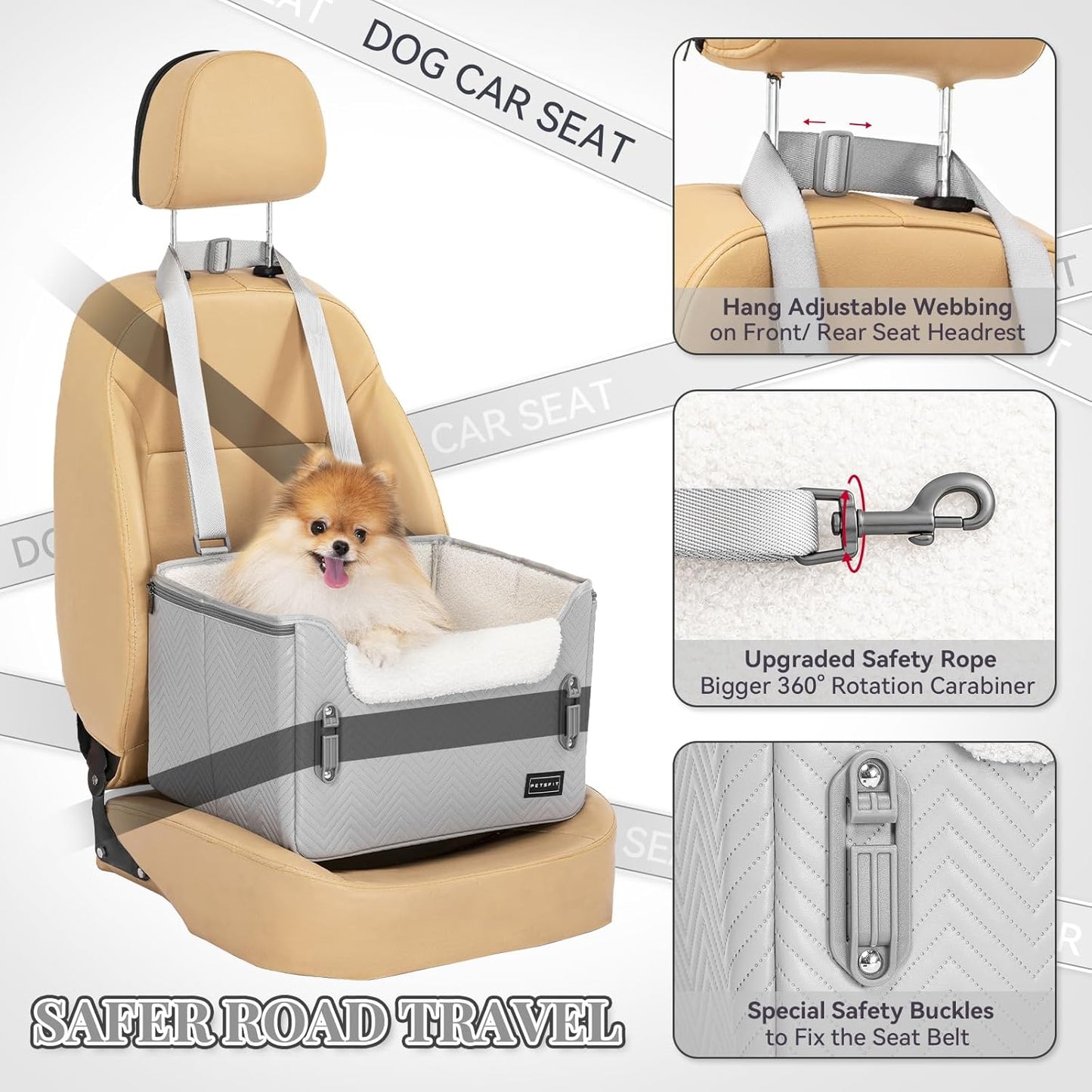PETSFIT Dog Booster Car Seat, Waterproof PU Leather Dog Car Seats for Small Dogs with Patent Safe Buckles, Clip-On Leash, Pet Car Seat for Small Pets Up to 25lbs (Cool Grey)