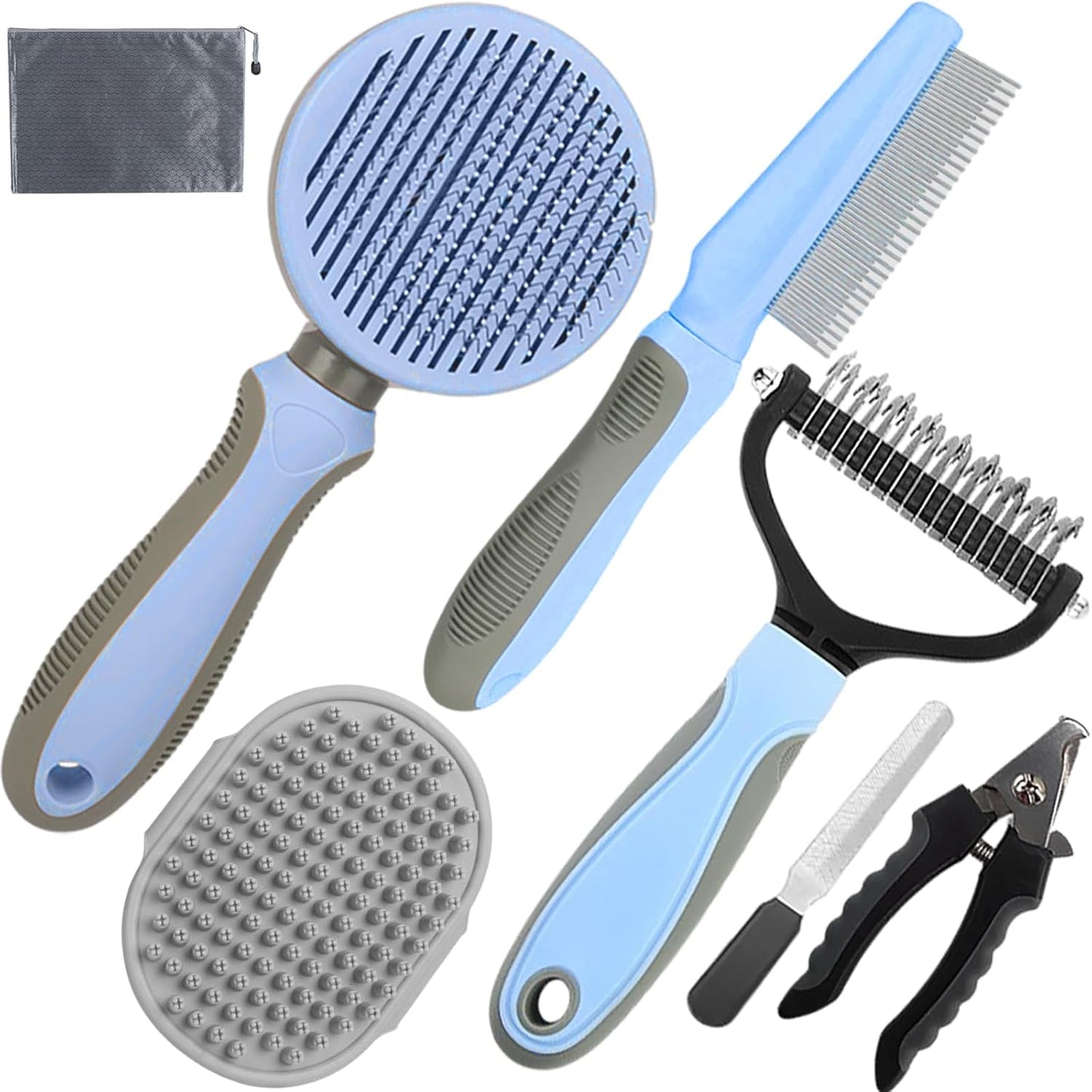 Dog Brush for Shedding,7 PCS Pet Grooming Brush Kit to De-fur & Hair Slicker Deshedding Brushes with Undercoat Rake Comb Bath Brush&Nail Clipper for Grooming Short Long Haired Dogs Cats Blue