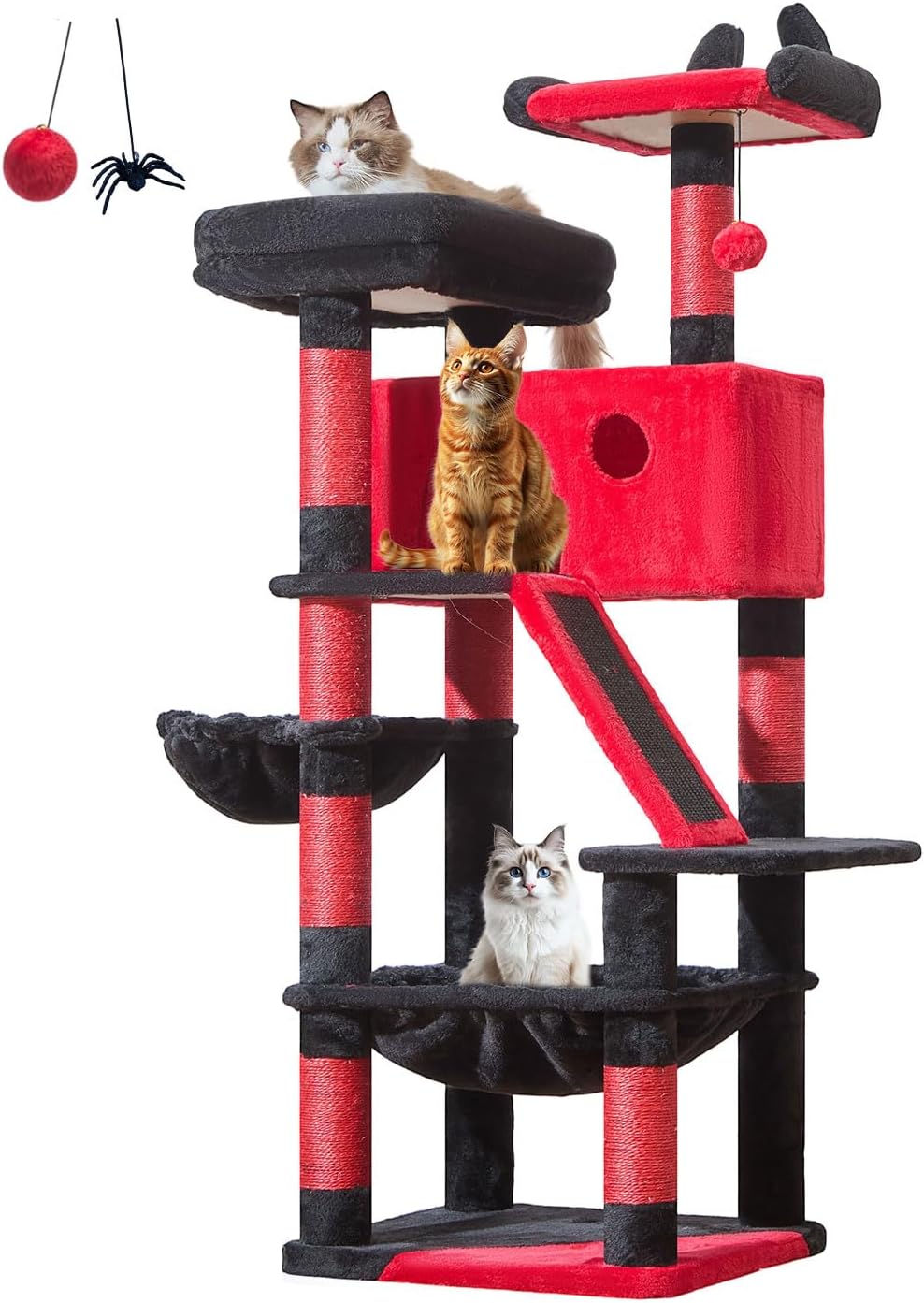 Taoqimiao Gothic Cat Tree 57.5-Inch, Cat Tower for Indoor Cats Large Adult, Large Cat Condo, 8 Sisal Scratching Posts, Metal Frame Cozy Hammock, Durable Scratch Board, 2 Perches, Black and Red MS026BR