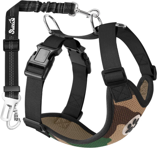 Lukovee Dog Seat Belt for Car, Adjustable Dog Car Harness for Large Medium Small Dogs, Soft Padded & Breathable Mesh Dog Seatbelt with Car Strap and Carabiner(Camouflage Double Clip,Small)