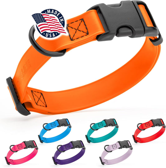 Dogline Biothane Waterproof Dog Collar with Quick Release Buckle Strong Coated Nylon Webbing with Odor- Proof for Easy Care Easy to Clean Fits Small Medium or Large Dogs, Orange 3/4" W 12-19" L