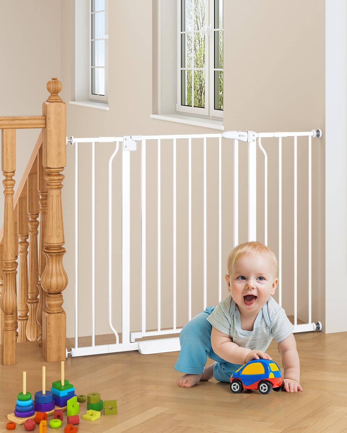 29"-45" Baby Gate for Stairs, Auto Close Stroller Friendly Dog Gate Indoor for Doorways, Pressure Mounted Baby Gate, Easy Walk Through Gate for Children & Pets, White