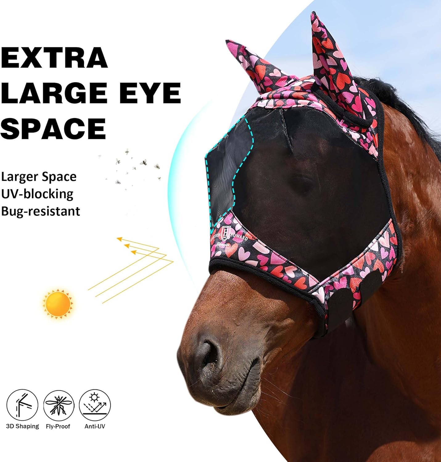 Harrison Howard Pro LumiVista Horse Half Face Fly Mask Large Eye Space with Ears UV Protection for Horse Cute Hearts L