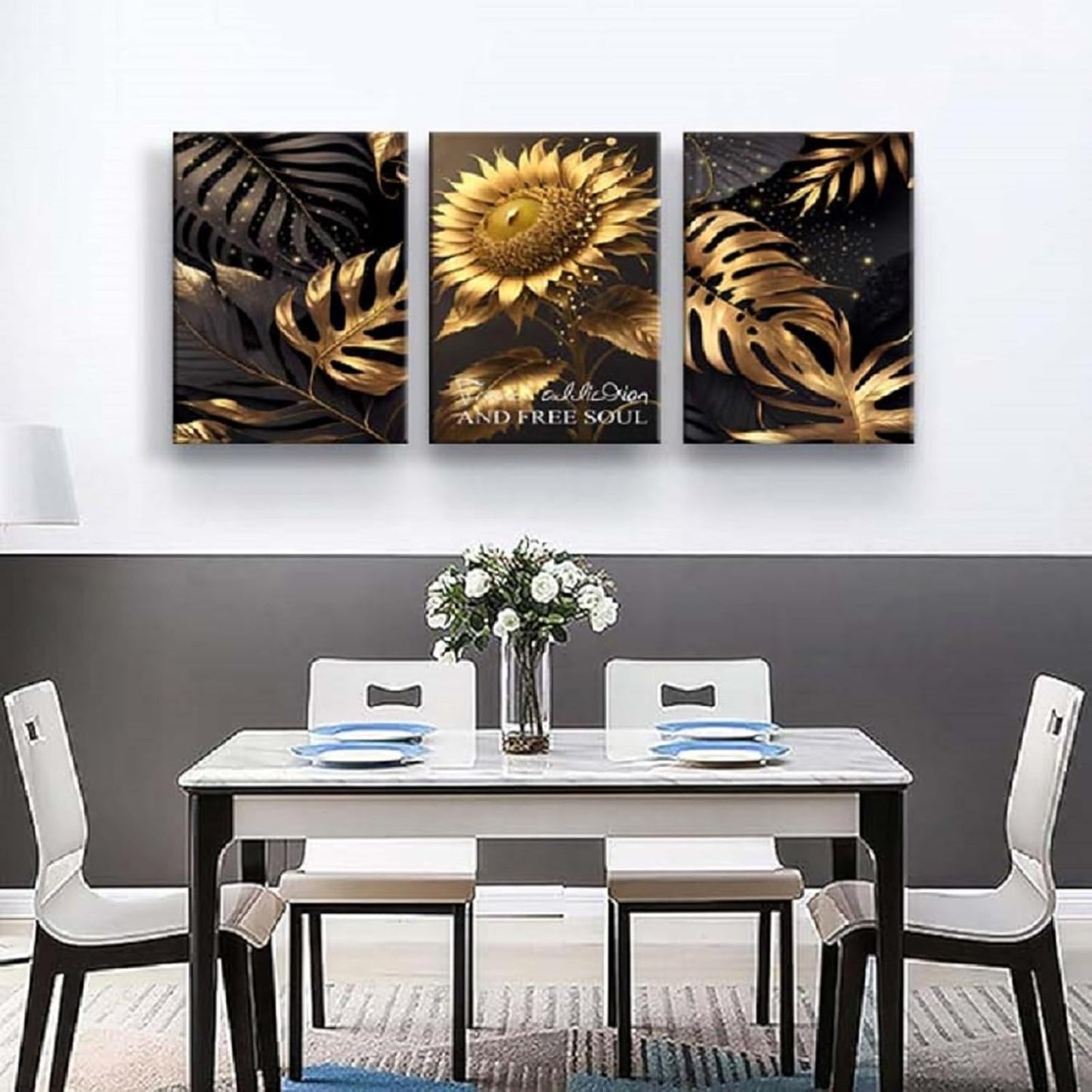 Yxbhhym Bedroom Wall Art Sunflower Canvas wall Art for living room Black and Gold Wall Décor pictures Leaf Artwork Paintings Flower Poster Prints Dining Room Office Décor Bathroom Decorations