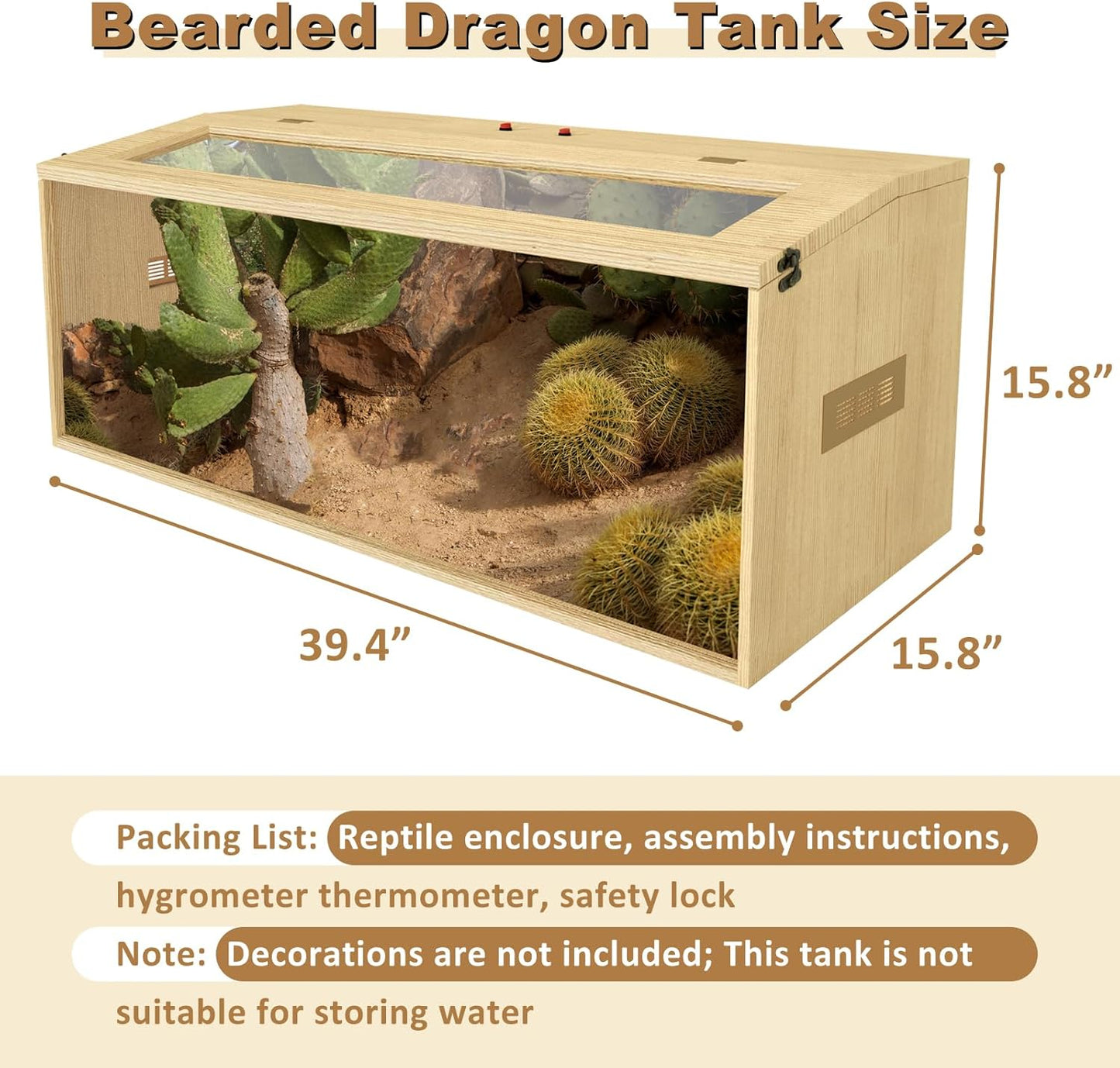 43 Gallon Reptile Terrarium Tank, Large Snake Enclosure, Lizard, Leopard Gecko Tank with Openable Roof Door, Lockable Bearded Dragon Tank, (Wooden, 40" L x 16" W x 16" H)