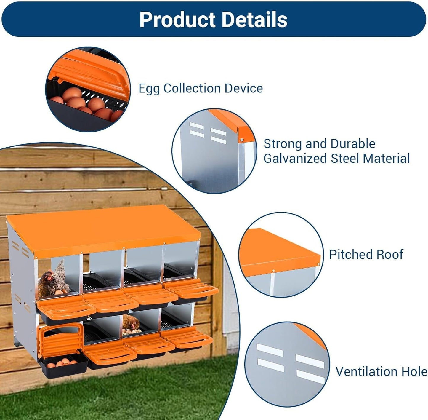 Chicken Nesting Boxes, 8 Hole Metal Chicken Laying Box with with Removable Trays and Roll Out Egg Collection for Chicken Coop, Orange