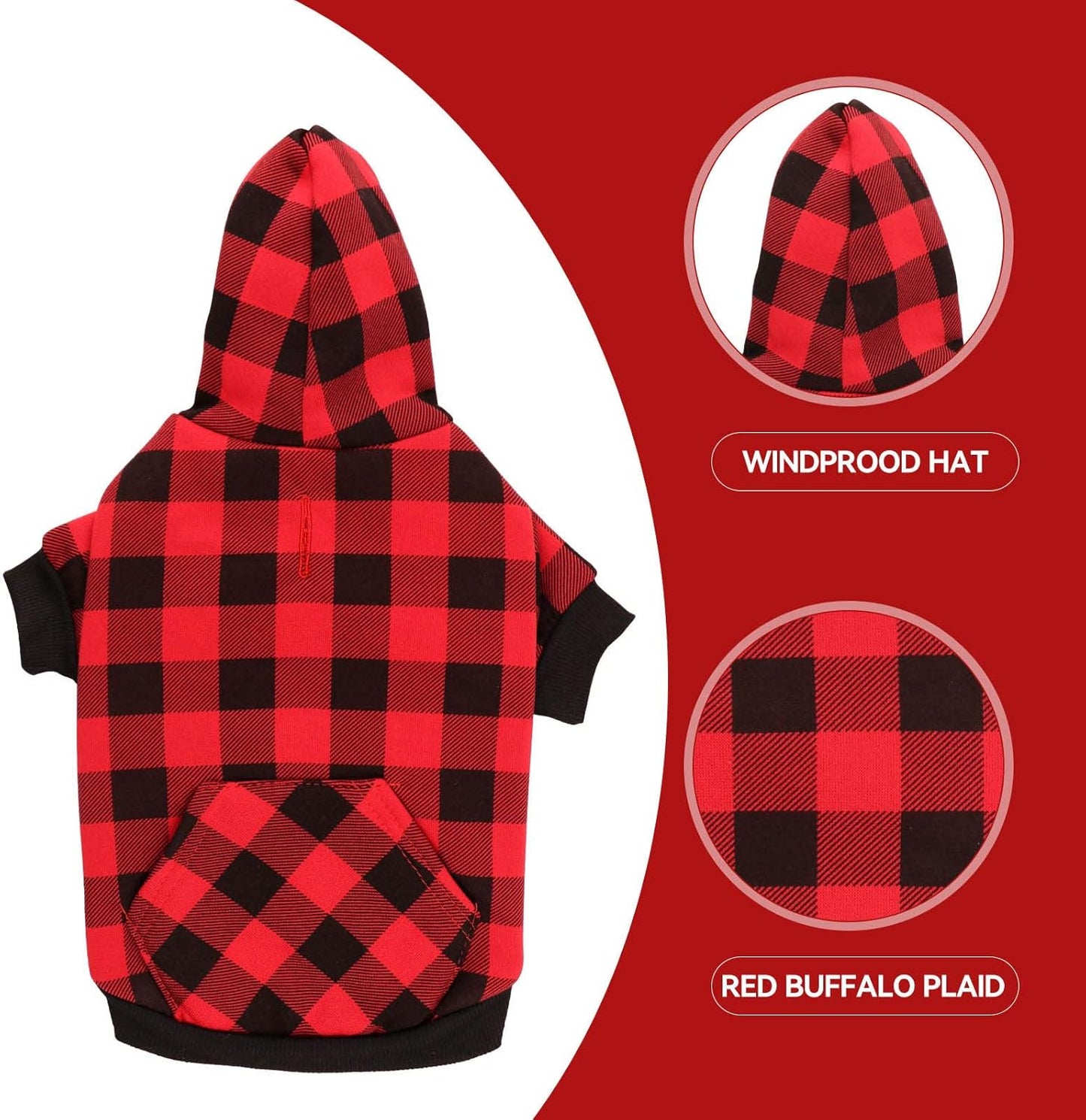 Dog Sweater Red Buffalo Plaid Pet Clothes Warm and Soft Breathable Cozy Small Pet Hoodies Dog Sweaters for Small Dogs with Pocket(S)