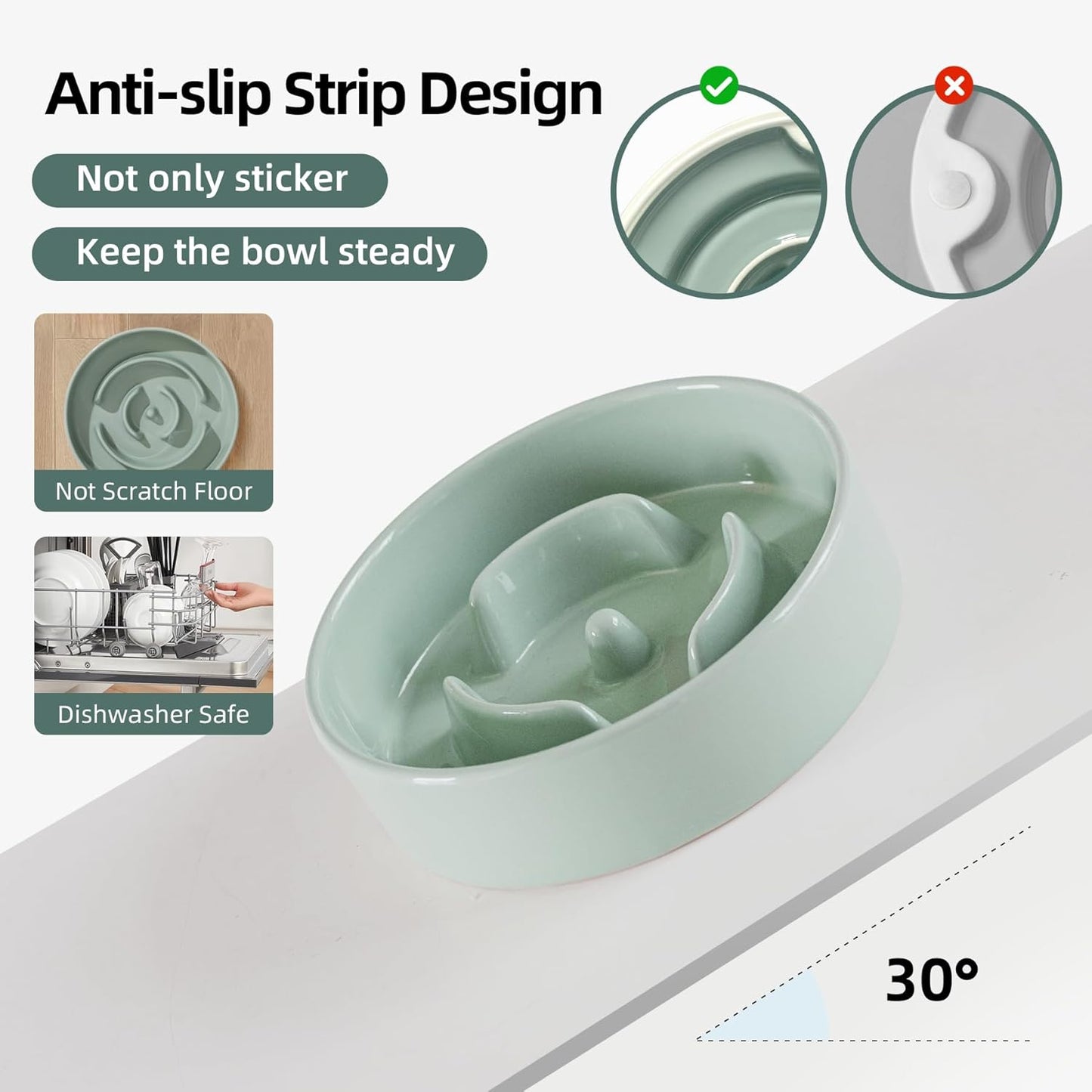 6.1inch Ceramic Dog Bowl Slow Feeder for Small Dog, Pet Slow Feeder, Stop Bloat, Preventing Choking(Single Bowl-Light Green)