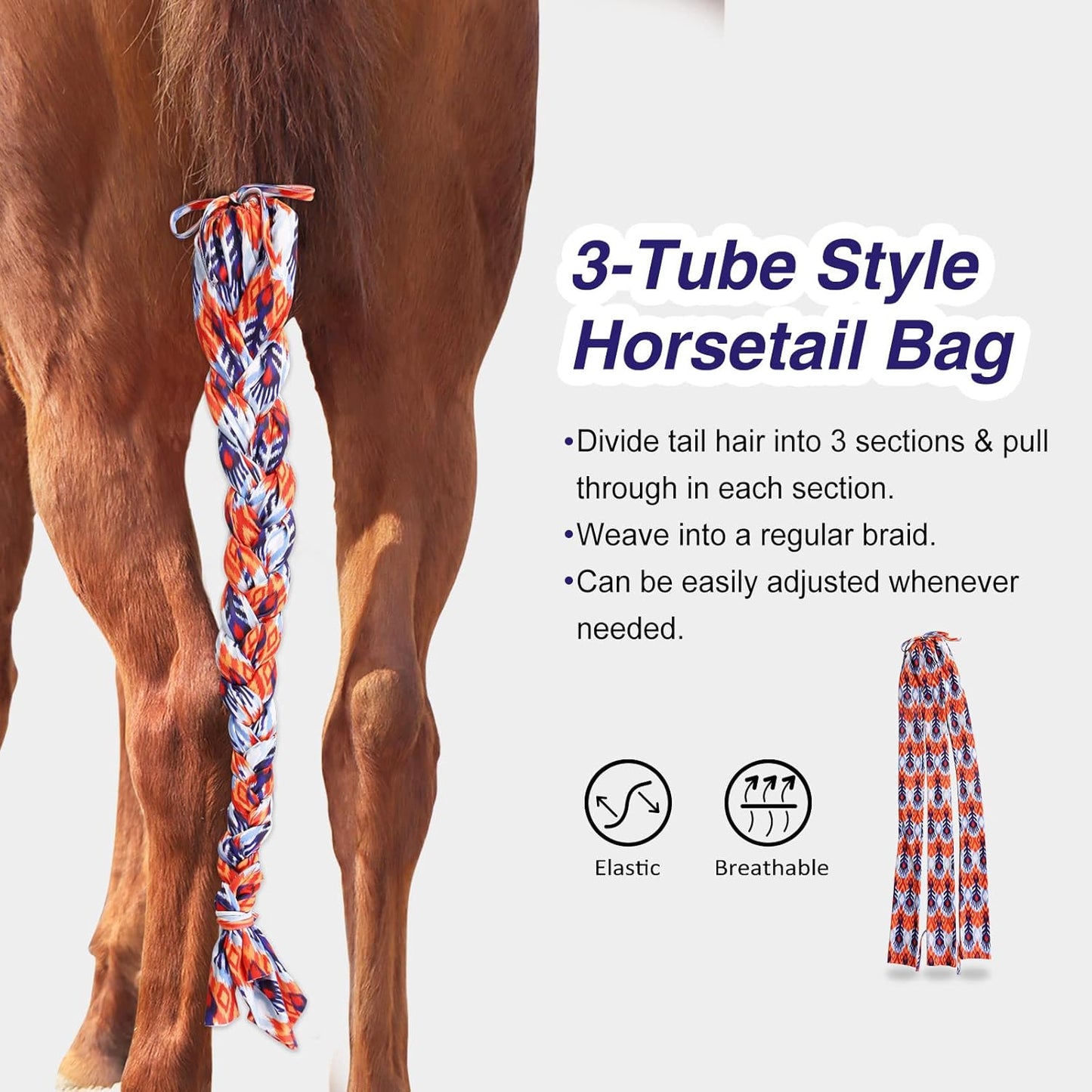 Harrison Howard 3 Tube Stretchy Fabrics Adjustable Closure Lightweight Horse Tail Bag for Horses Braid-in Tail Bag
