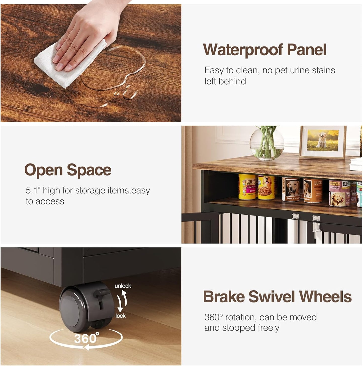 39.4" Dog Crate Furniture for Medium and Large Breed, Dog Kennel Furniture with Storage Shelf & Lockable Wheels, Heavy Duty Wooden End Side Table Pet Cage Indoor, Chew-Resistant, Brown