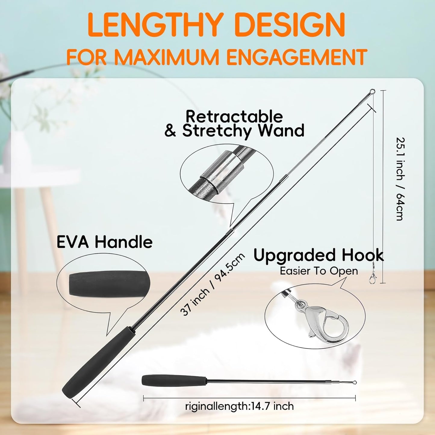 Interactive Bird Simulation Cat Feather Toy Set Cat Retractable Wand Toys Suction Cups Base,Include Detachable 7 Pcs Replacements Feathers Toys