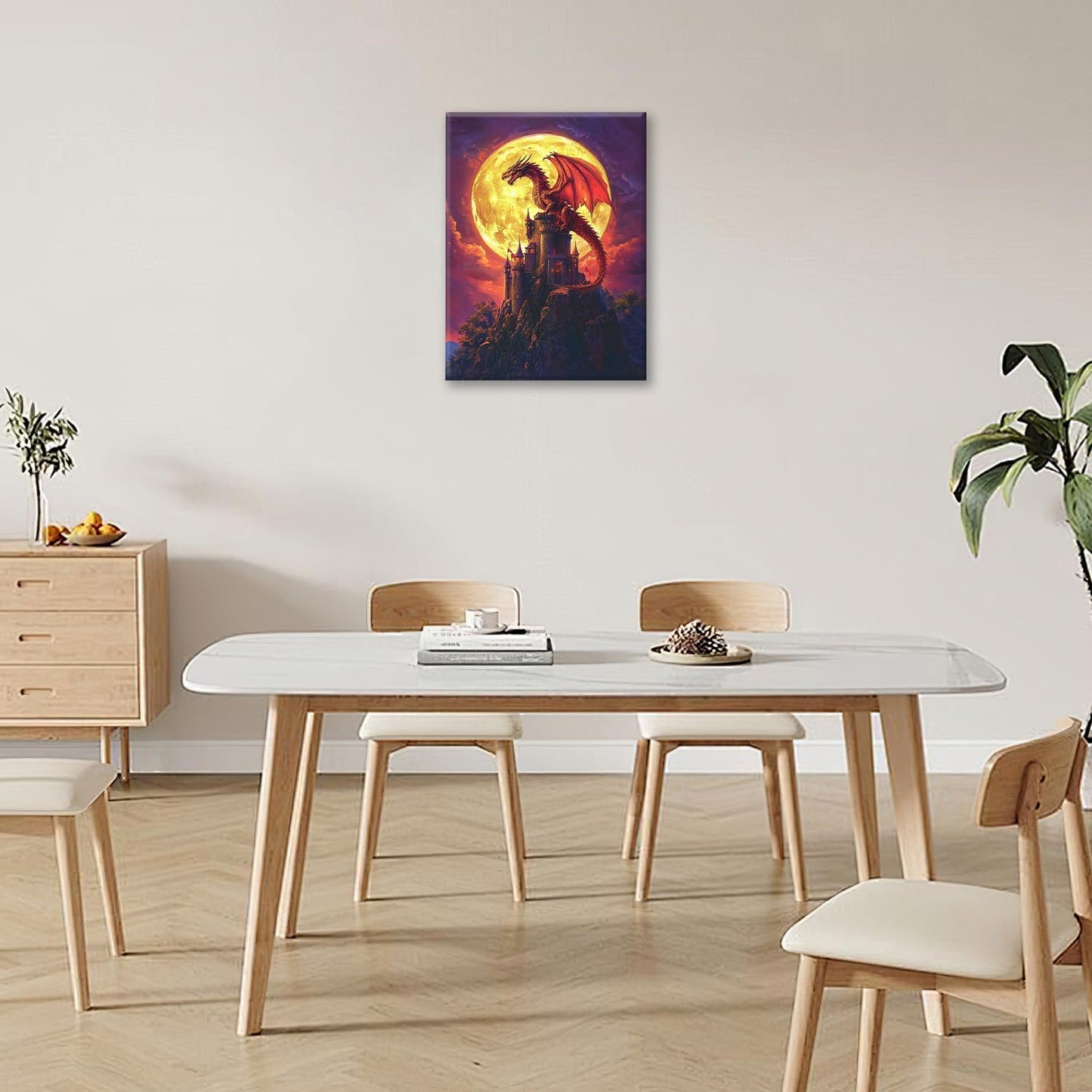 Dragon Bathroom Pictures Wall Art, Red Dragon Castle Bathroom Wall Decor, Framed Painting Canvas Artwork for Bedroom Living Room Decorations 20"L x 16"W