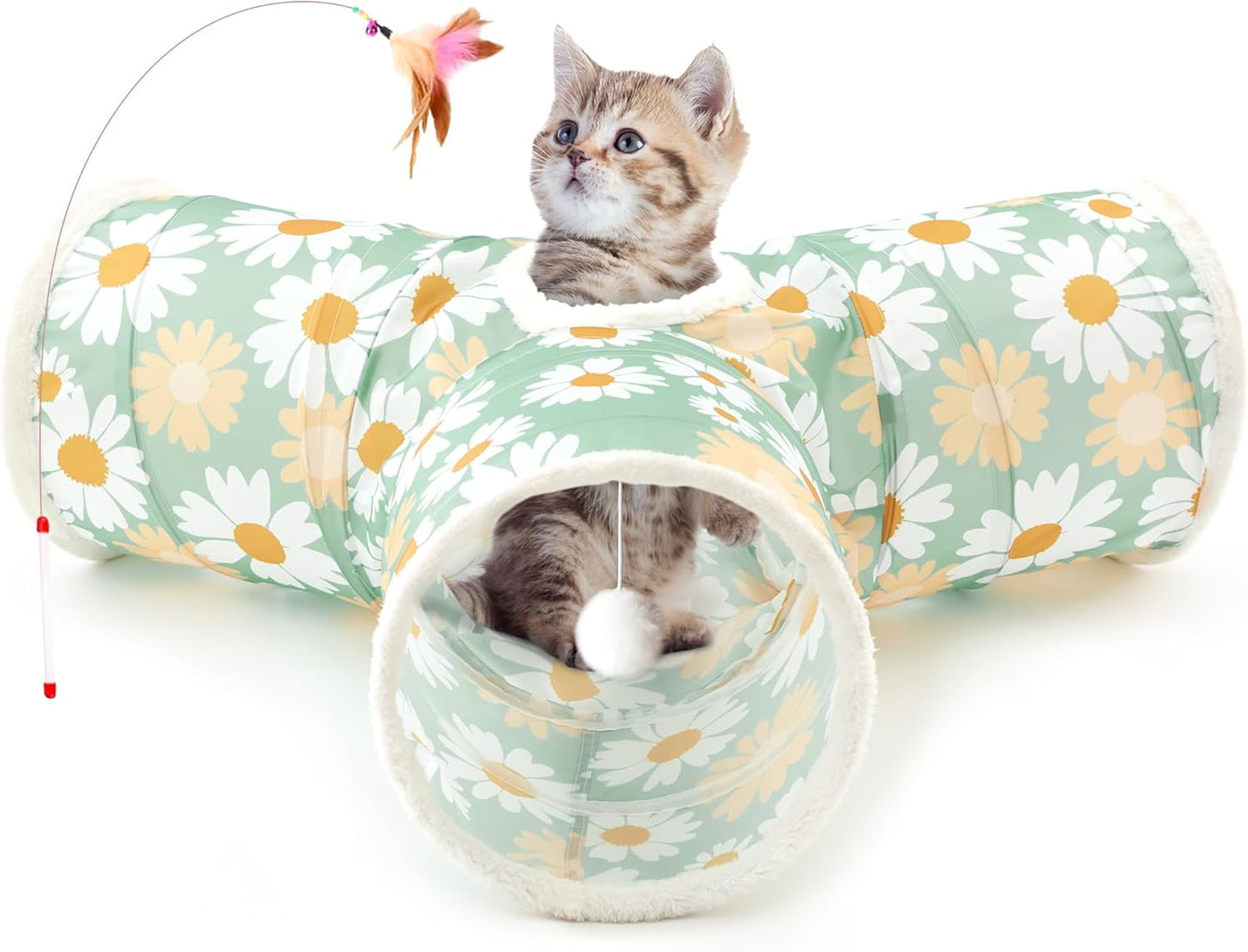 Tempcore Pet Cat Tunnel Tube Cat Toys 3 Way Collapsible, Cat Tunnels for Indoor Cats，Kitty Tunnel Bored Pet Toys Peek Hole Toy Ball Puppy, Kitty, Kitten, Rabbit Daisy Green Printed