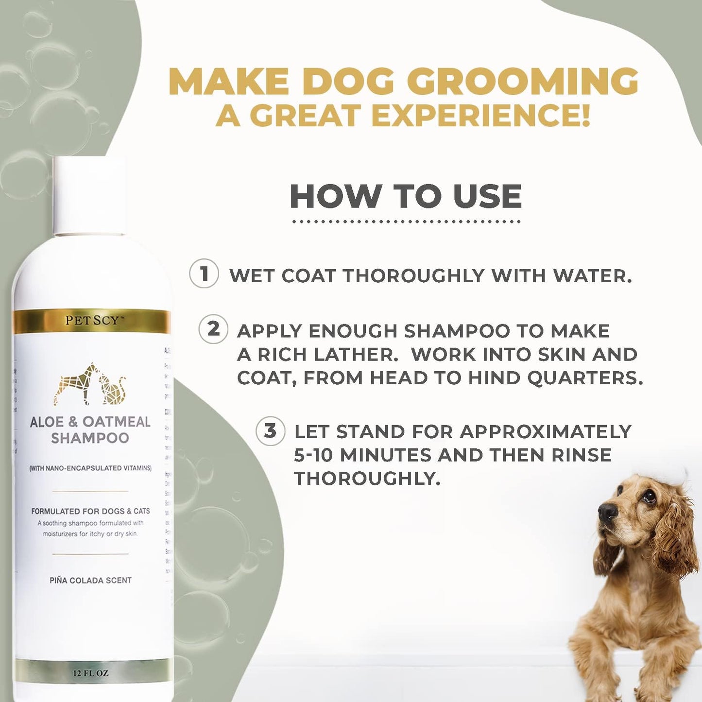 PetScy - Aloe & Oatmeal Shampoo for Dogs and Cats, Moisturizing Pet Shampoo for Skin Relief, All-Natural, Soap-Free & Gentle, Pina Colada Scent, 12 Oz