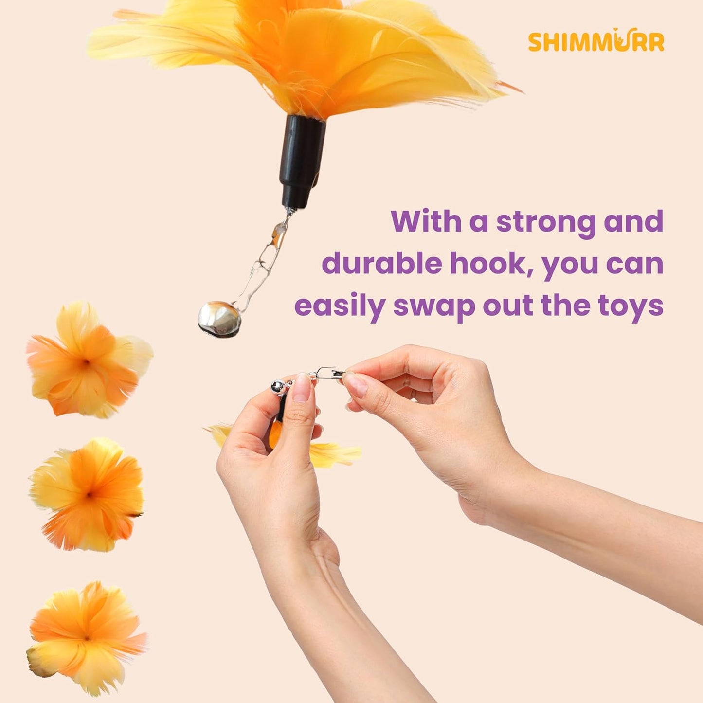 Cat Feather Wand Toy - 38" Retractable Cat Wand Toy with Orange Feather Flower Teaser Refill for Indoor Cats and Interactive Play