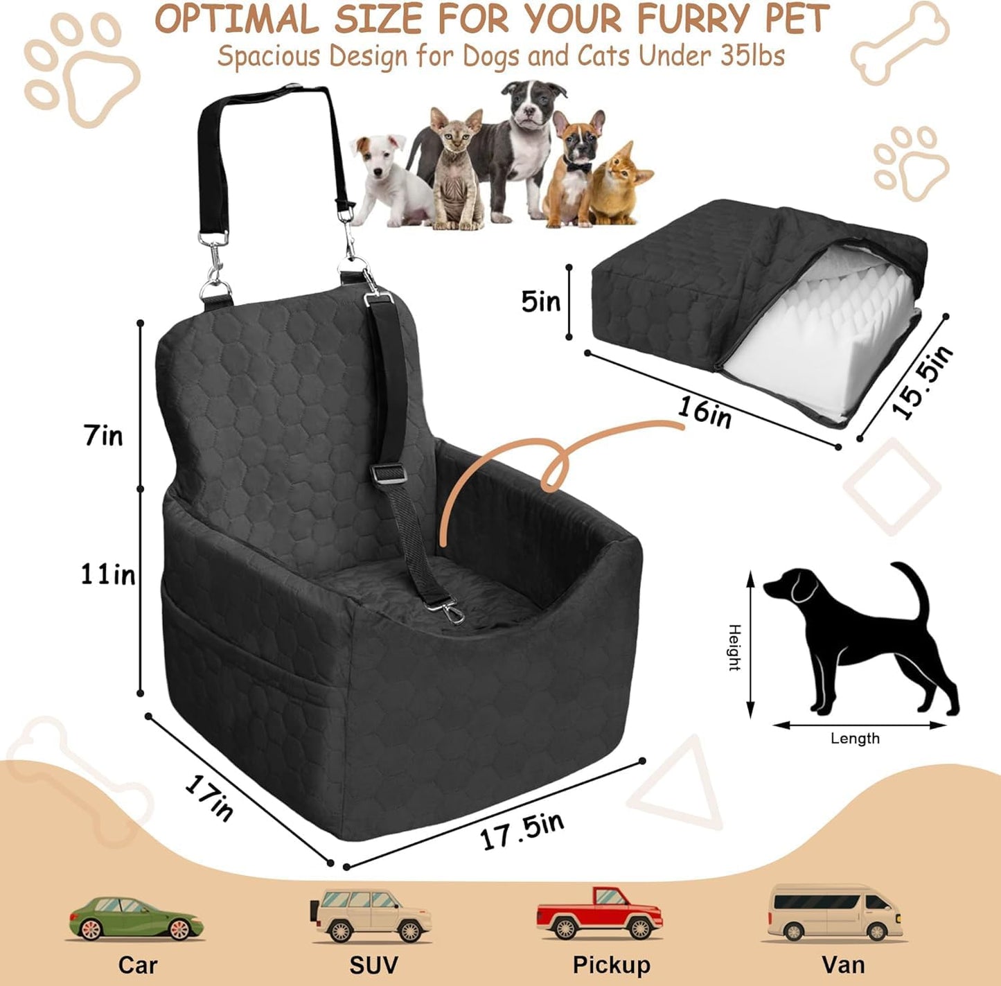 Dog Car Seat for Small/Medium Dogs - Dog Booster Seat with Safety Straps & Non-Slip Base, Travel Pet Car Seat with Storage Pockets, Washable & Removable, Suitable for Dogs Under 35 lbs (Black)