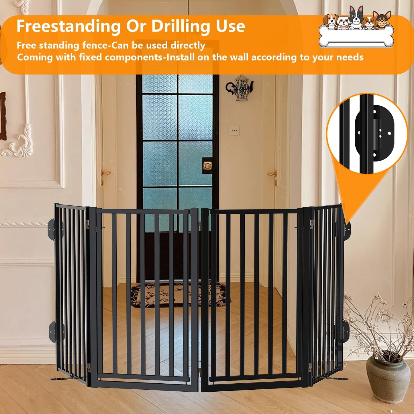 Portable Dog Fence with Door for Indoor Outdoor Use, Free Standing Dog Gate Foldable Design, Metal Black 32" Tall, Expandable 6 Panels Use for Yard, Stairs, Front