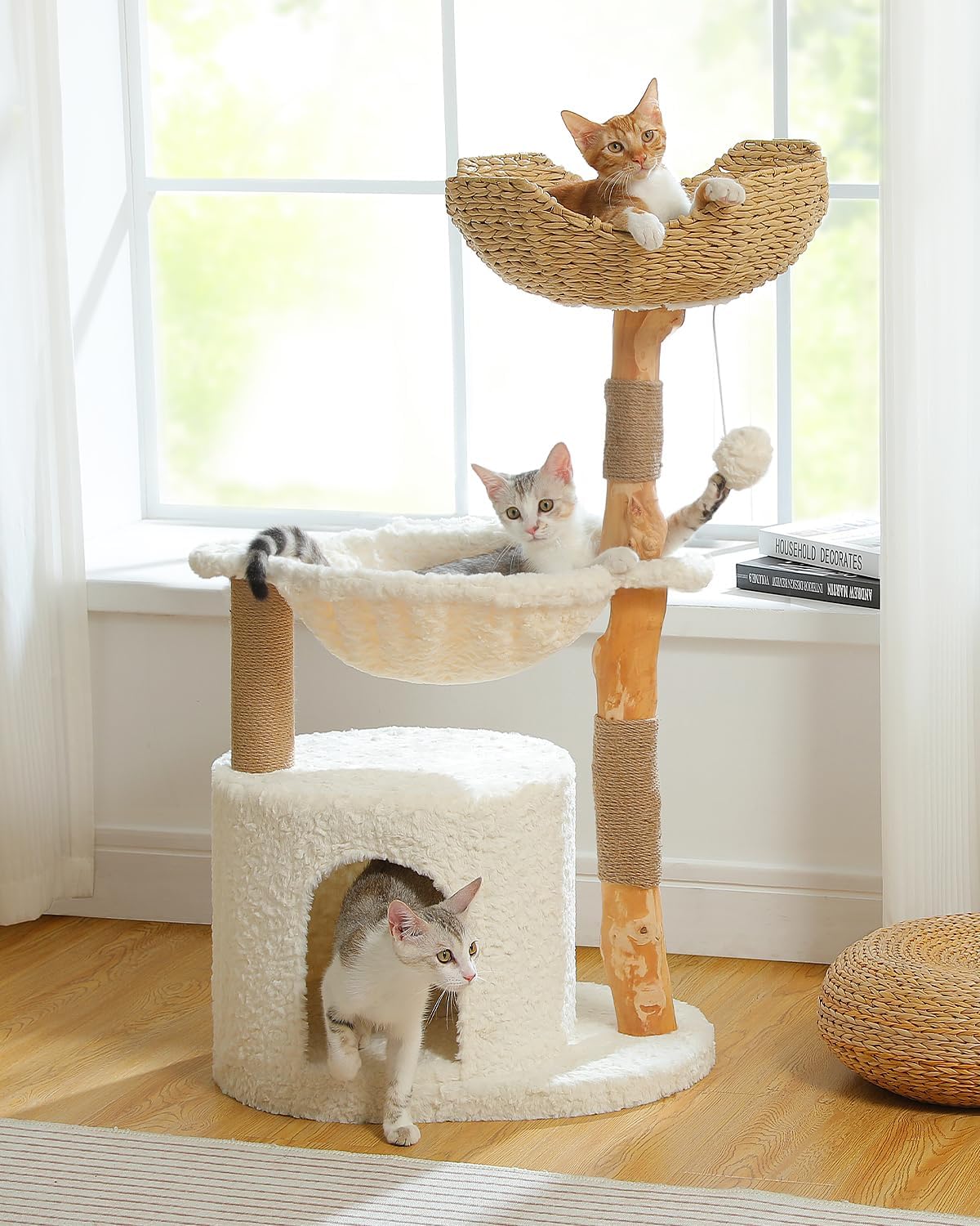 Modern Cat Tree for Large Cats, Wood Cat Tower for Indoor Cats, Real Branch Luxury Cat Furniture with Super Large Cozy Condo and Hammock & Scratching Post, Top Basket, White