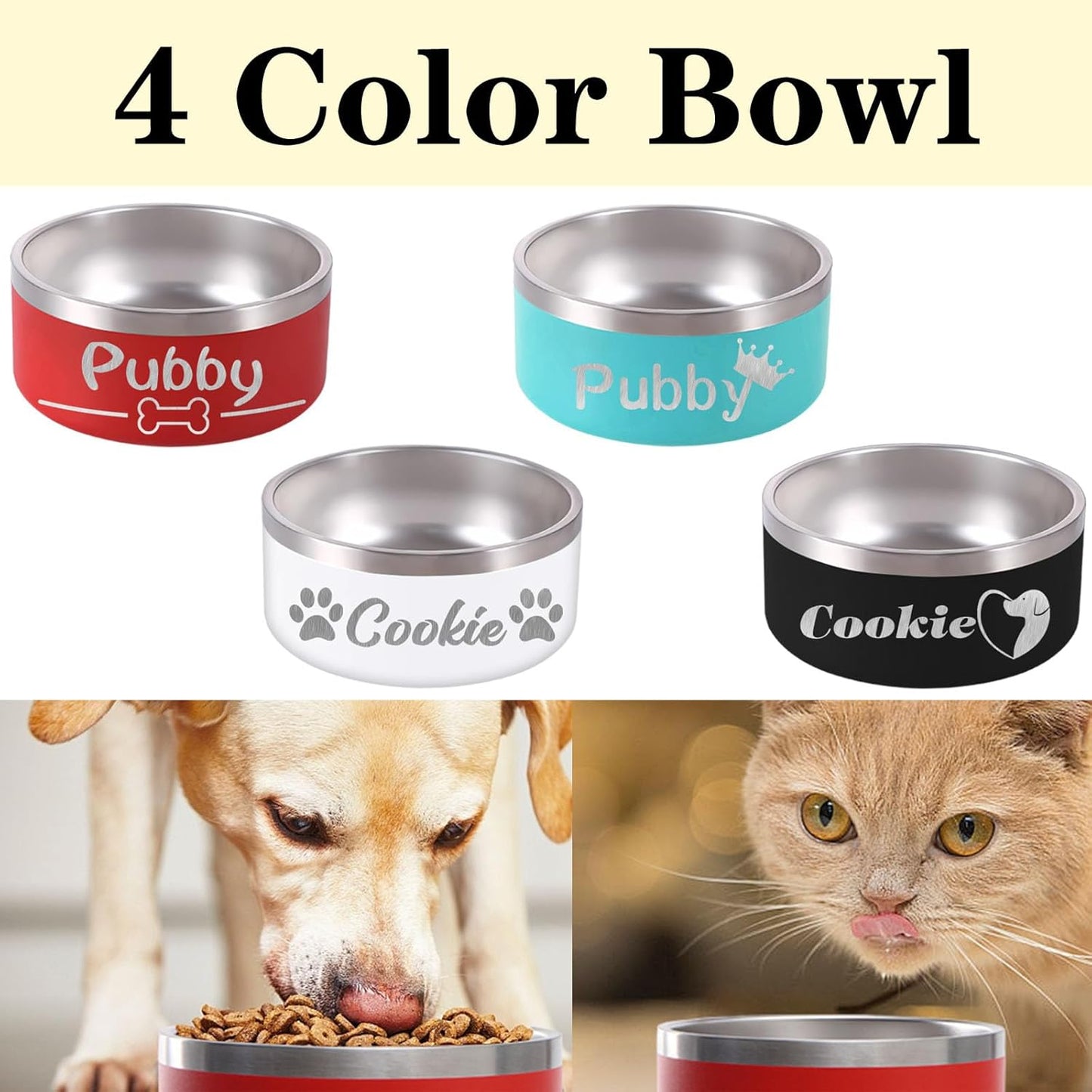32OZ Personalized Dog Bowl Laser Engraved Custom Pet Name 18/32/42/64 oz No Slip Stainless Steel Insulated Bite-Resistant Food Water Dishes-Light Blue