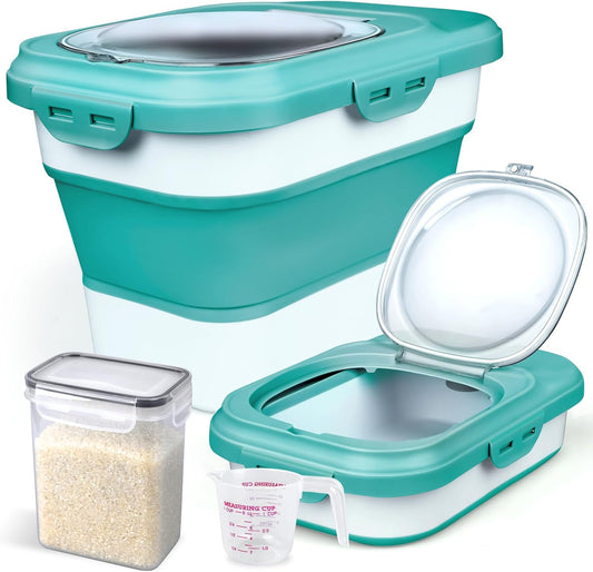Rice Storage Container, Collapsible Airtight Food Storage Containers 6-20 Lbs, Rice Dispenser with Measuring Cup and Small Bin for Flour Cereal Pasta Grain, Cat Pet Dog Bird Food Container