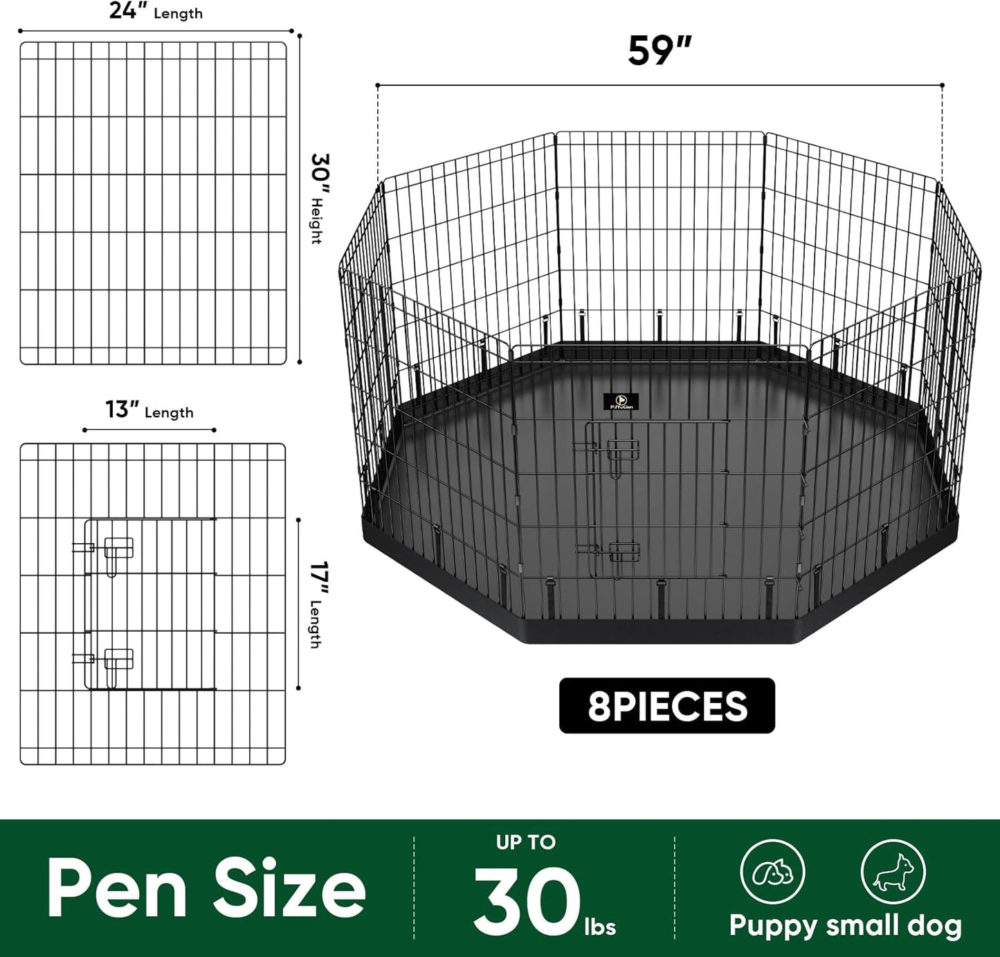 PJYuCien Dog Playpen, 8 Panels 30’’H Dog Pens Indoor with Bottom Pad, Metal Foldable Pet Puppy Exercise Fence Crate Kennel, Better for Small Animals,Black