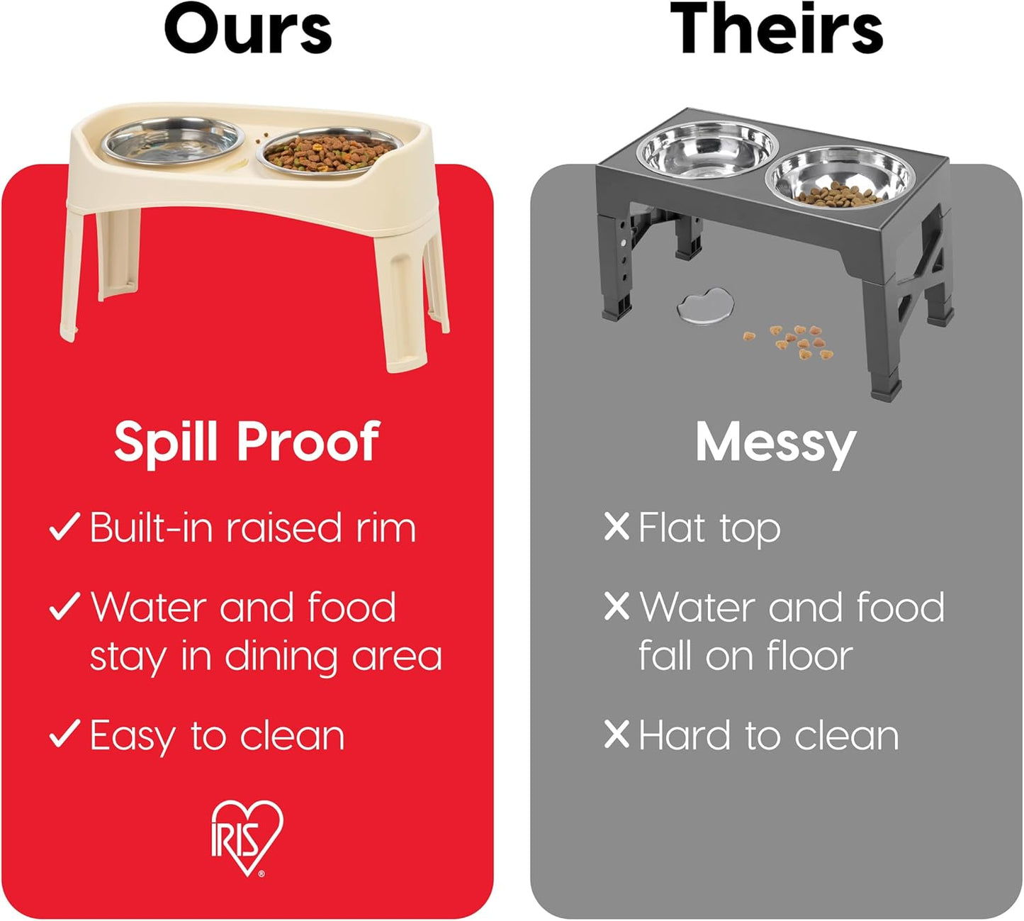 IRIS USA Elevated Dog Bowls, Adjustable Height, 2 Thick 64 oz Stainless Steel Bowls, Spill-Proof with Raised Outer Rim, Durable Made in USA Plastic, Easy Assemble, 2 Heights 4.63" or 12.25" Almond