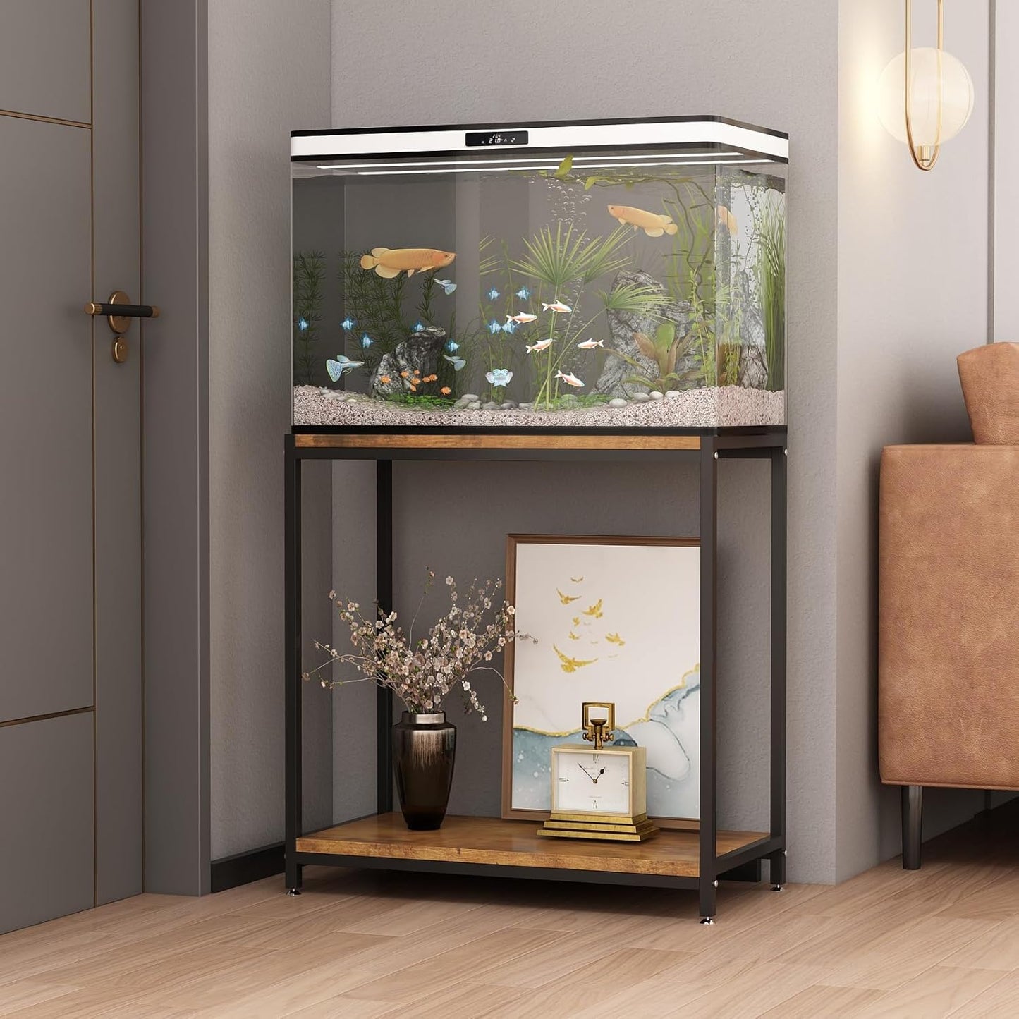 20 Gallon Metal Aquarium Stand with Shelves for Fish Tank Accessories Storage, Reptile Tank Turtle Terrariums Stand for Home Office (Black)