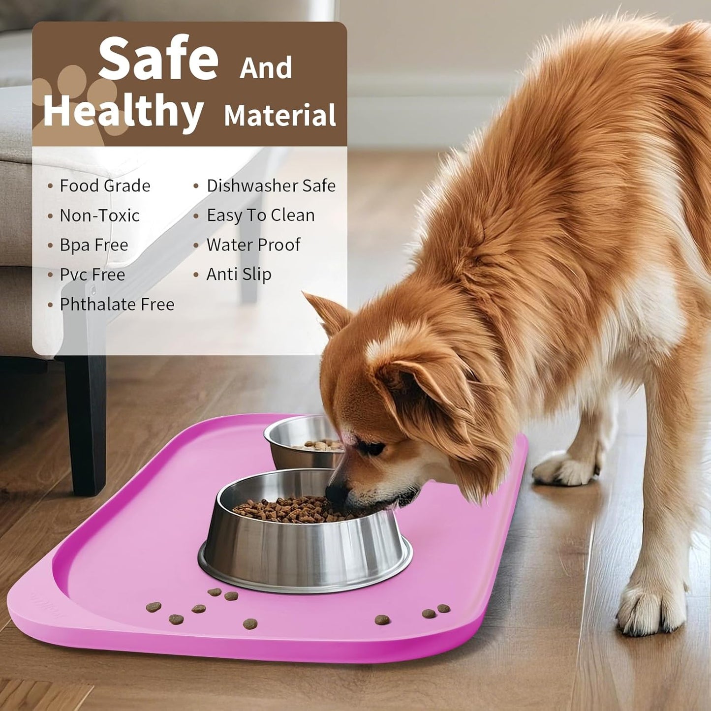 Silicone Pet Feeding Mat with Raised Edge & Residue Collection Pocket for Food and Water, Dog Bowl Mats, Cat Bowls Placemat with High Lip for Floor Waterproof, 24 x 16 x 0.8 Pink