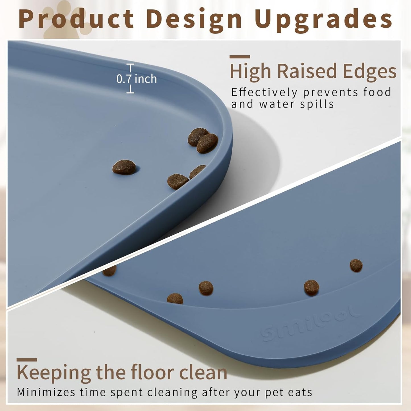 Silicone Pet Feeding Mat with Raised Edge & Residue Collection Pocket for Food and Water, Dog Bowl Mats, Cat Bowls Placemat with High Lip for Floor Waterproof, 19 x 12 x 0.7 Slate Blue