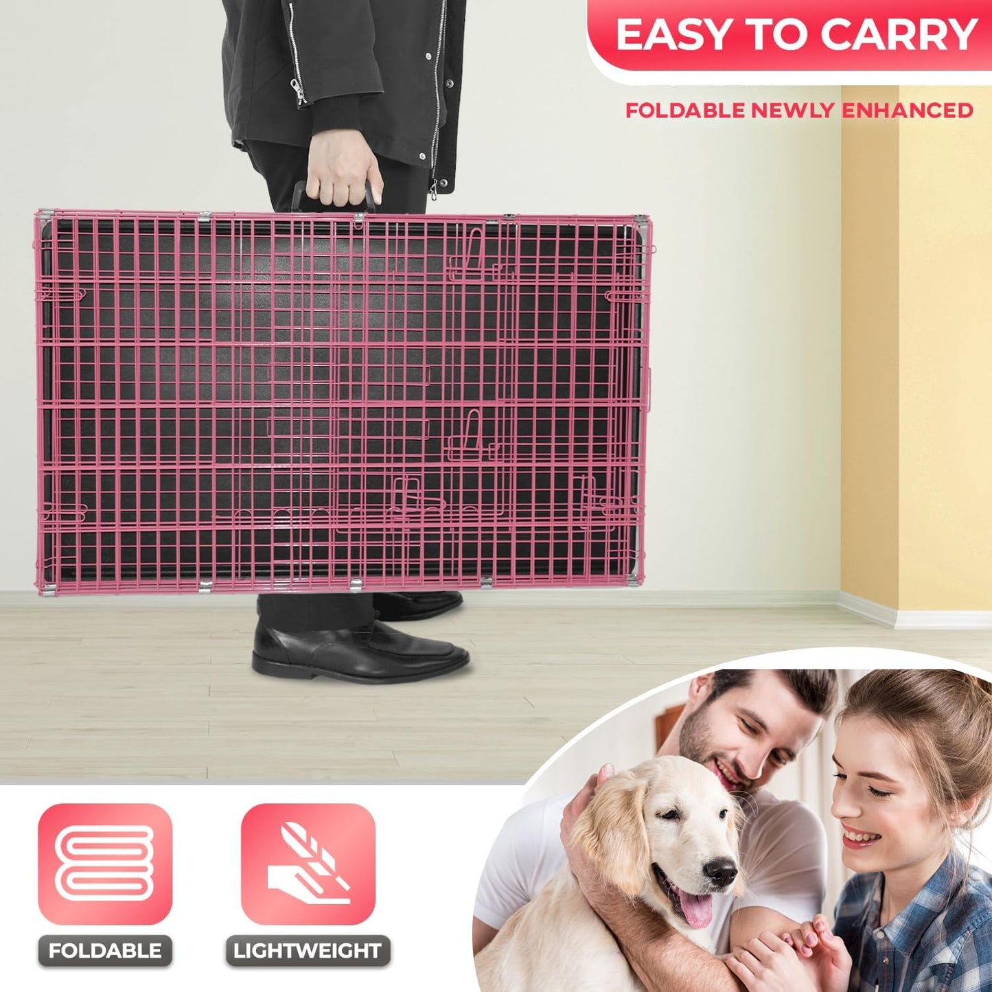FDW Dog Crate for Large Dogs 48 Inch Folding Metal WirePet Cage Double Door W/Divider Panel Indoor Outdoor Kennel Leak-Proof Plastic Tray,Pink