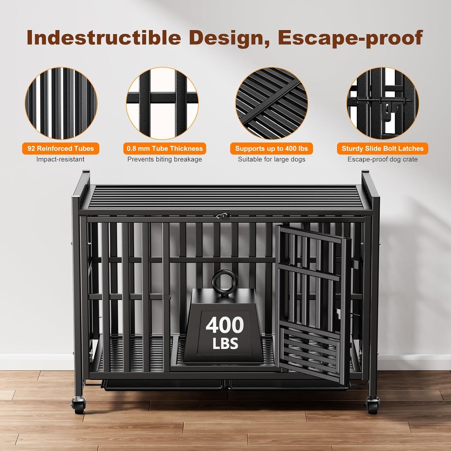 42 inch Heavy Duty Dog Crate, Upgraded Thickened Steel Frame Indestructible Kennel for Large & High Anxiety Dogs, Escape Proof Design with 3 Doors, 4 Lockable Wheels and 2 Removable Trays
