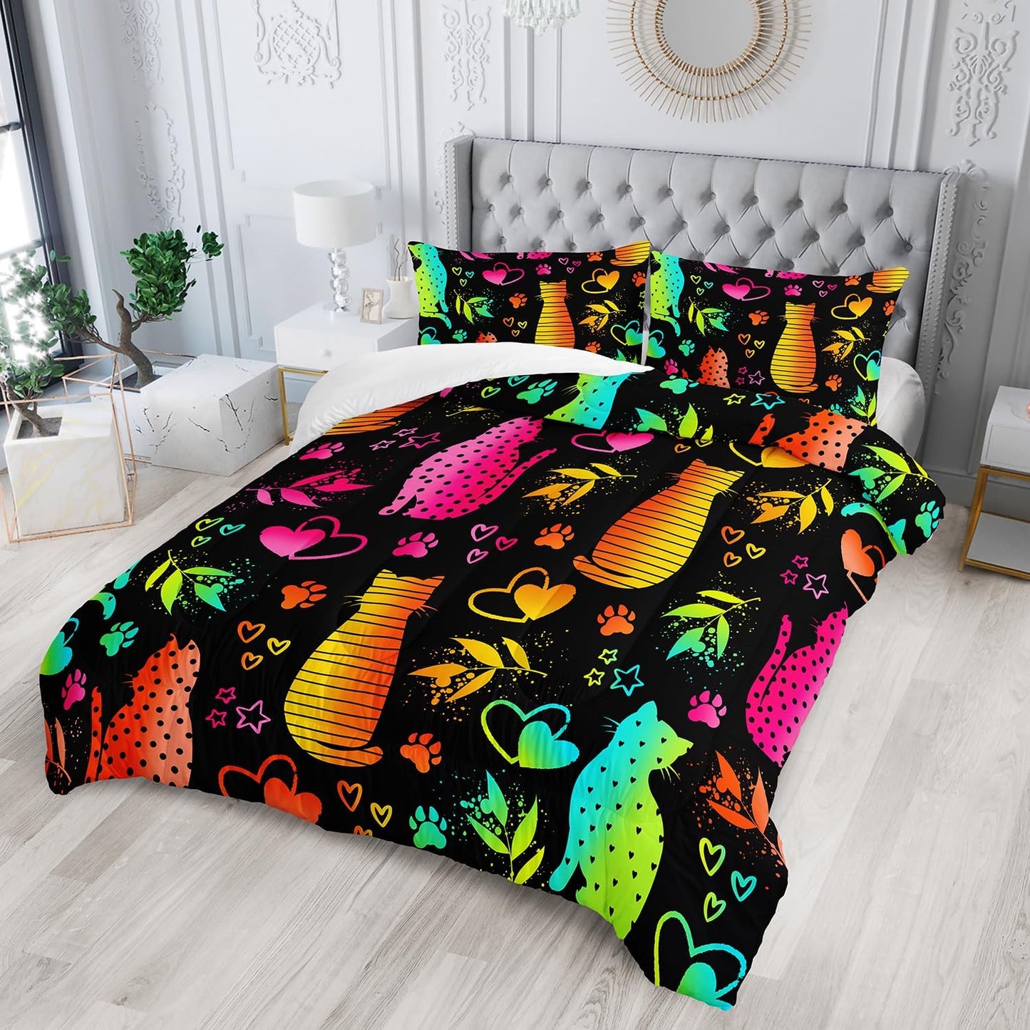 Kawaii Cat Animal Comforter 3Pcs Full Lovely Pet Cat Bedding Set for Kid Teen Girl Boy Adult Room Decor Cartoon Kitten Paw Heart Bamboo Leaf Pattern Quilt with 1 Comforter and 2 Pillowcases