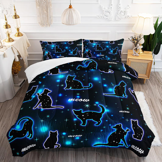 Kawaii Pet Cat Comforter 3Pcs Twin Gradient Line Cute Kitten Animal Bedding Set for Kids Teens Girls Boys Cat Glitter Polka Dots Pattern Quilt Bed Decor with 1 Comforter and 2 Pillowcases