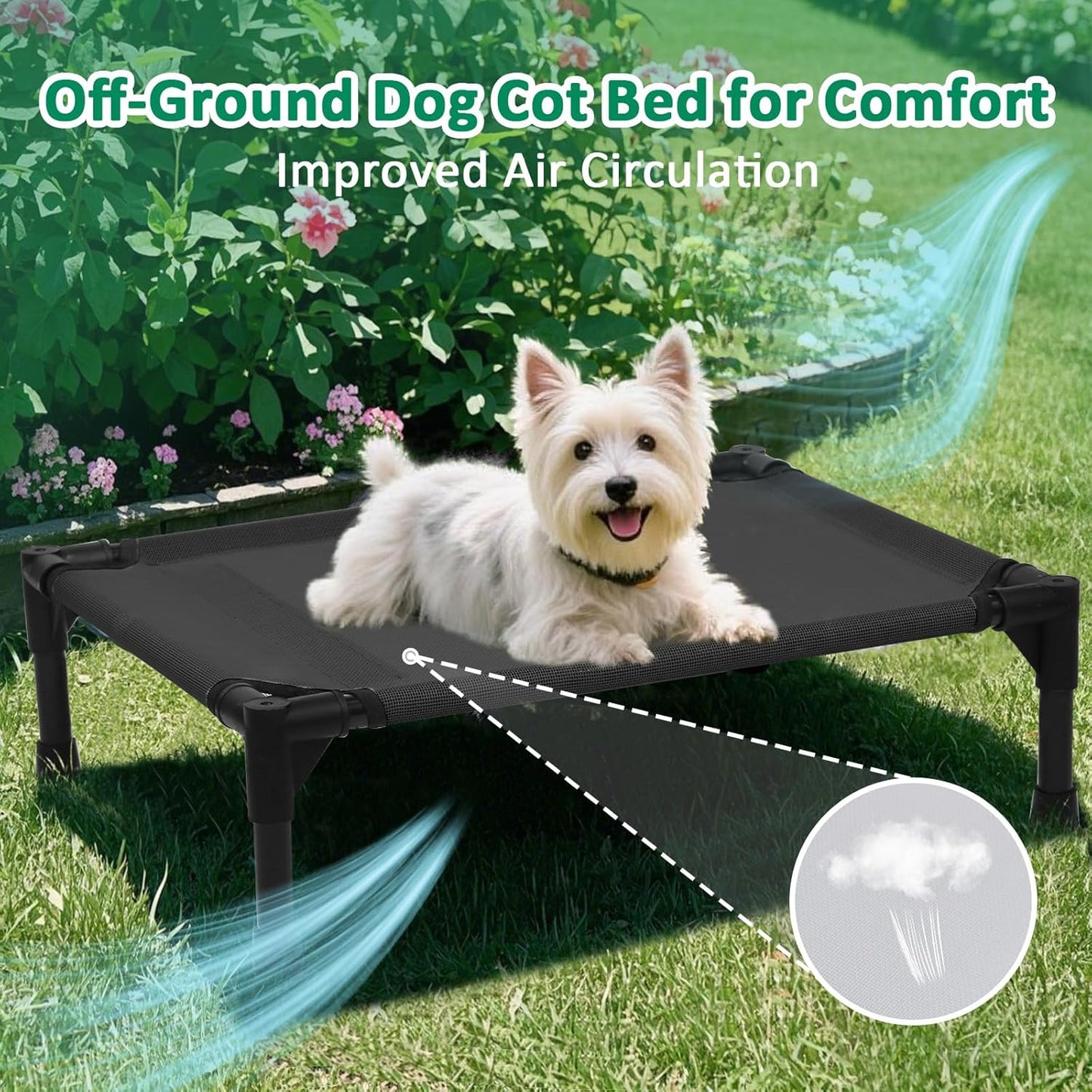 Small Elevated Dog Bed Outdoor, Raised Pet Bed Off Ground, Cooling Dog Place Bed with Washable Mesh & Non Slip Feet, Pet Hammock Bed for Indoor (S, Black)