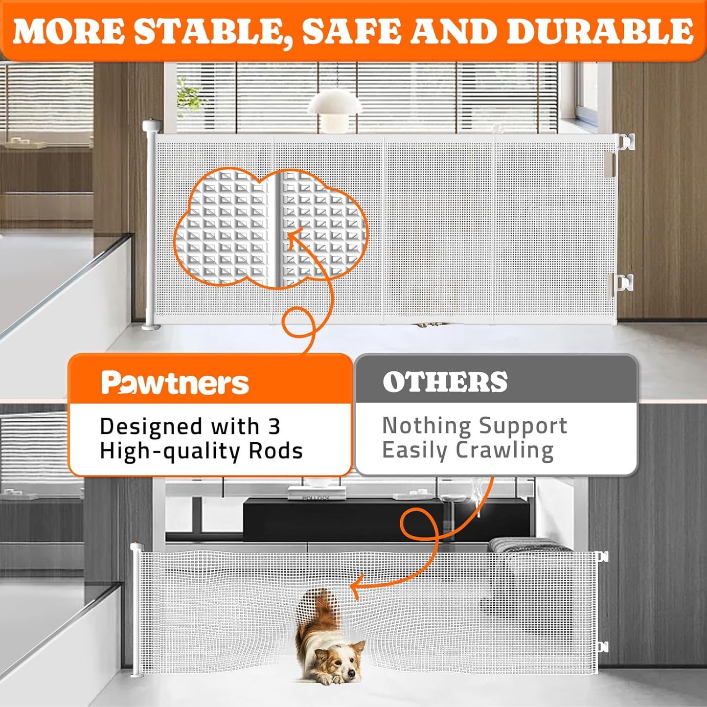 Pawtners Retractable Baby Gates Extra Wide, 41" Tall Extends up to 71" Wide, Dog Gate Indoor with for Stairs, Pet Gate with Support Rods for Doorways Hallways Indoor & Outdoor-White