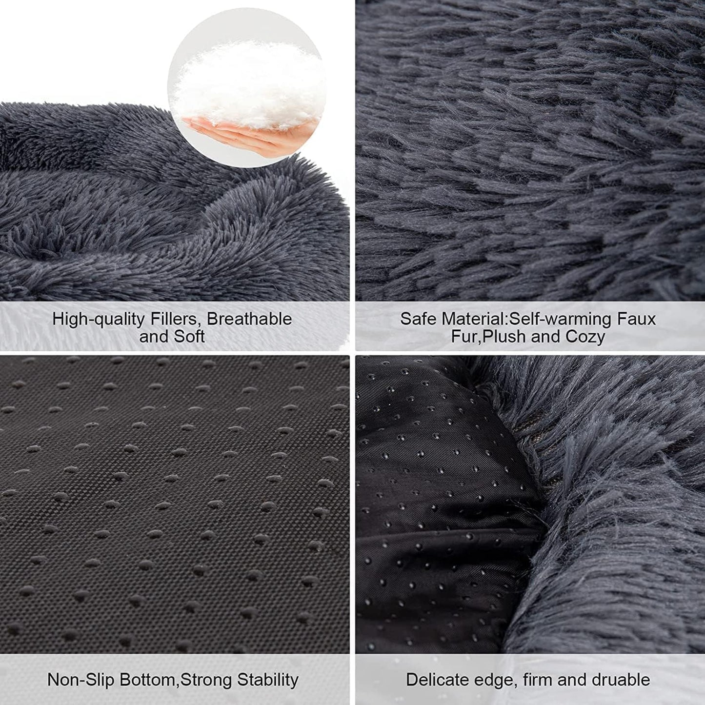 Dog Bed, Cat Calming Bed, Faux Fur Pillow Pet Donut Cuddler Round Plush Bed for Large Medium Small Dogs and Cats (Dark Grey, 49.0" L x 38.0" W x 7.0" Th)