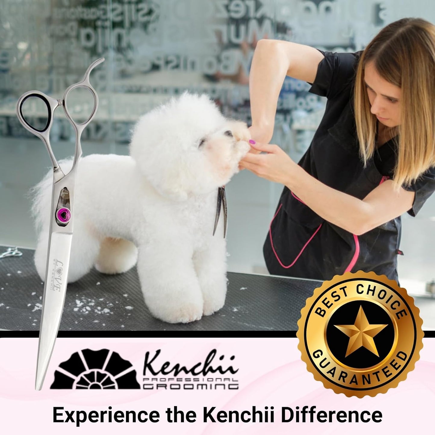 Kenchii Love Left Handed Dog Grooming Scissors, 8 Inch Curved Shears, Dog Scissors for Grooming, Professional Pet Grooming Scissors, Ergonomic & Comfortable