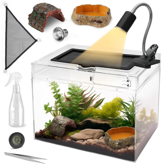 AZV Reptile Terrarium,Reptile Tank 15x8x10in Amphibian Isopod Tank Starter Kit with Bearded Dragon Hammock,Heat Lamp,Hide Cave for Geckos Lizard Mantis Spider Cricket Chameleons Corn Snake Turtle Frog