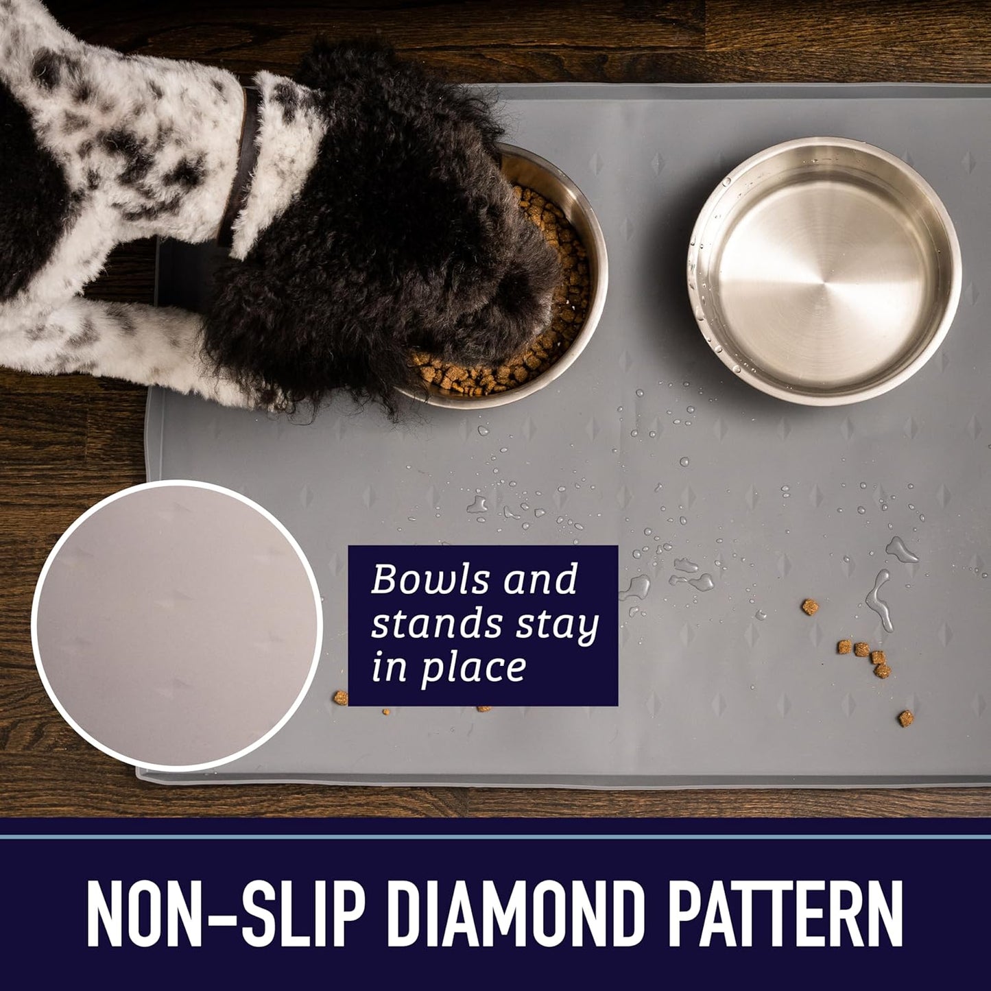 Leash Boss Dog Food Mat for Food and Water Bowls, Waterproof Silicone Pet Feeding Mat for Floors, Extra Tall Raised Edges, Cat and Dog Placemat for Floors, Dishwasher Safe (Medium: 20"x13" - Navy)