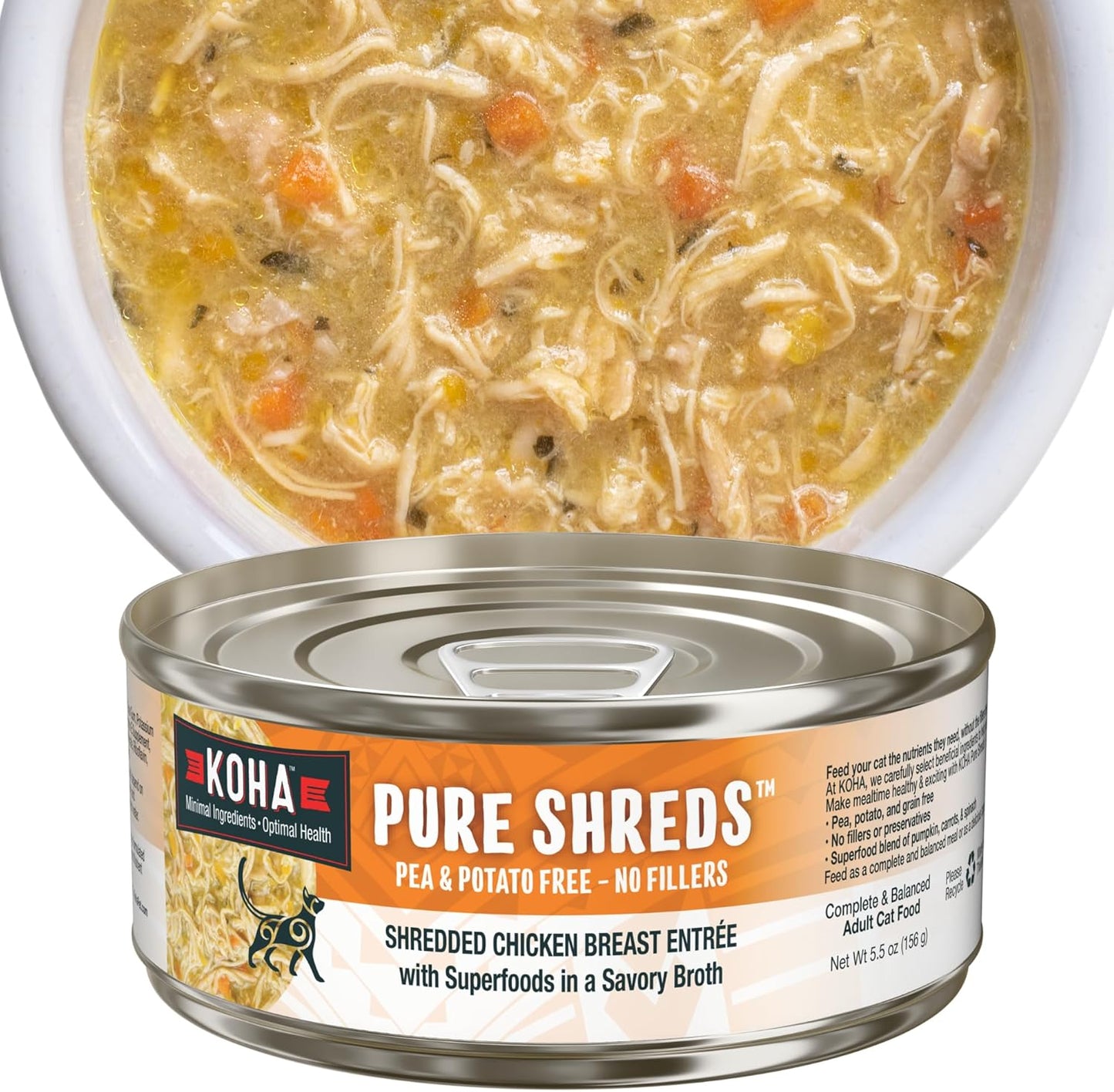 KOHA Pure Shreds Chicken Entrée for Cats, High Protein Wet Cat Food, 5.5oz Cans (Pack of 12)