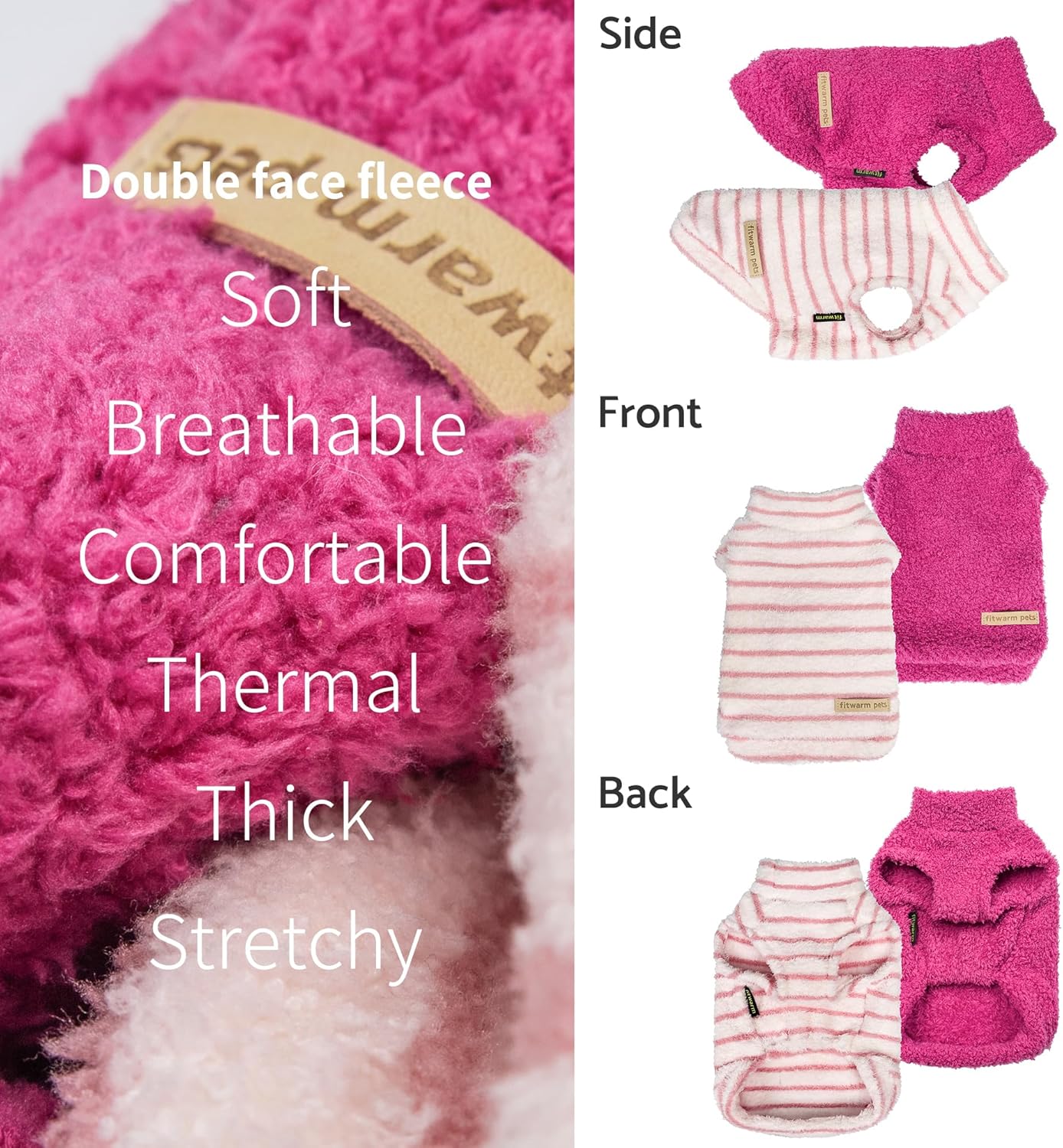 Fitwarm 2 Pack Striped Fleece Dog Sweater, Warm Winter Dog Clothes for Small Dogs Girl, Fuzzy Turtleneck Pet Outfit, Doggy Pullover Jumper, Rose Pink, White, Light Pink, Medium