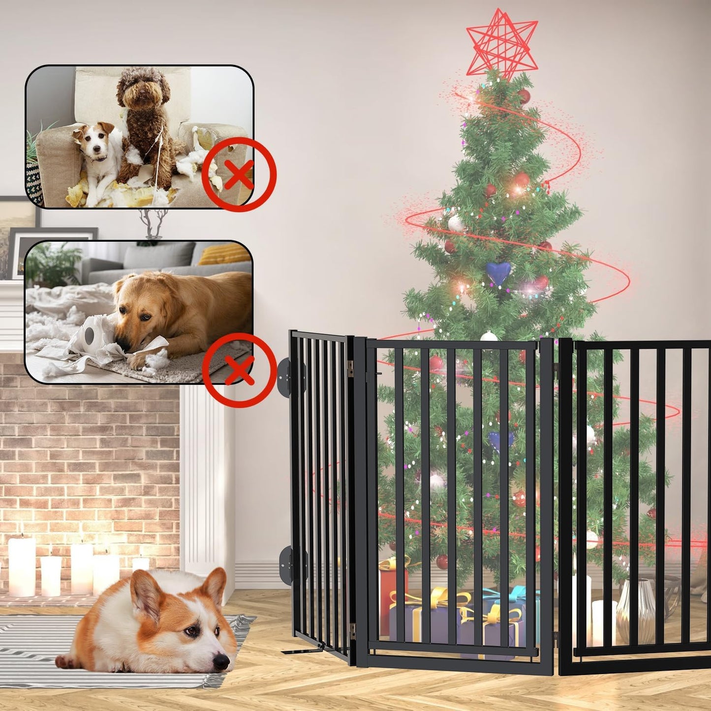 Free Standing Dog Gate with Door for Indoor Outdoor, Portable Dog Fence Foldable Design, Metal Black 32" Tall, Expandable 4 Panels Use for Front Door, Yard, Stairs