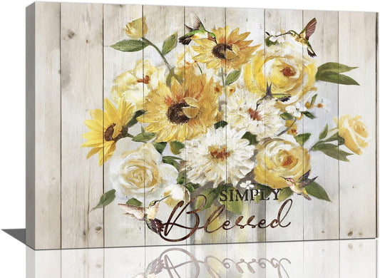 Sunflower Bathroom Pictures Wall Art, Simple Blessed Floral Bathroom Wall Decor, Flower Framed Painting Canvas Artwork for Bedroom Living Room Decorations 24"L x 16"W