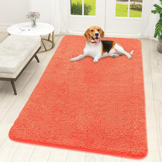 OLANLY Dog Door Mat for Muddy Paws 59x32, Absorbs Moisture and Dirt, Absorbent Non-Slip Washable Doormat, Quick Dry Chenille Mud Mat for Dogs, Entry Indoor Entryway Carpet for Inside Floor, Coral