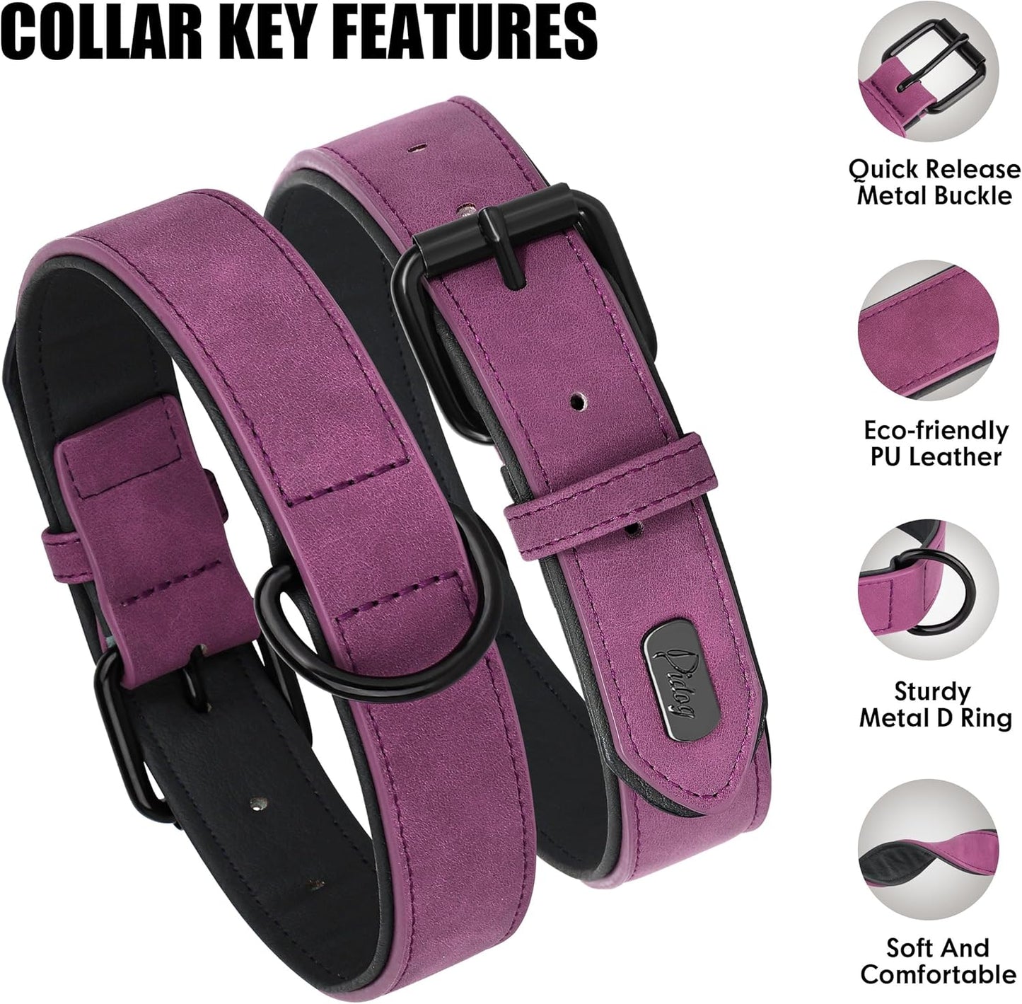 Didog Soft Padded PU Leather Dog Collar, Breathable and Adjustable Dog Collars for Medium Dogs, Comfortable for Daily Walk, Purple, L Fit Neck 13-17"(22-44 lbs)