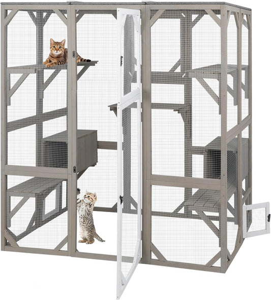 Catio Outdoor Cat Enclosure Cat House, Large Wooden Walk-in Cat Cage Condo Indoor Playpen with Multi Platforms, Flat Roof, and 2 Resting Box (Grey, 70.9" L x 36.5" W x 70.9" H)