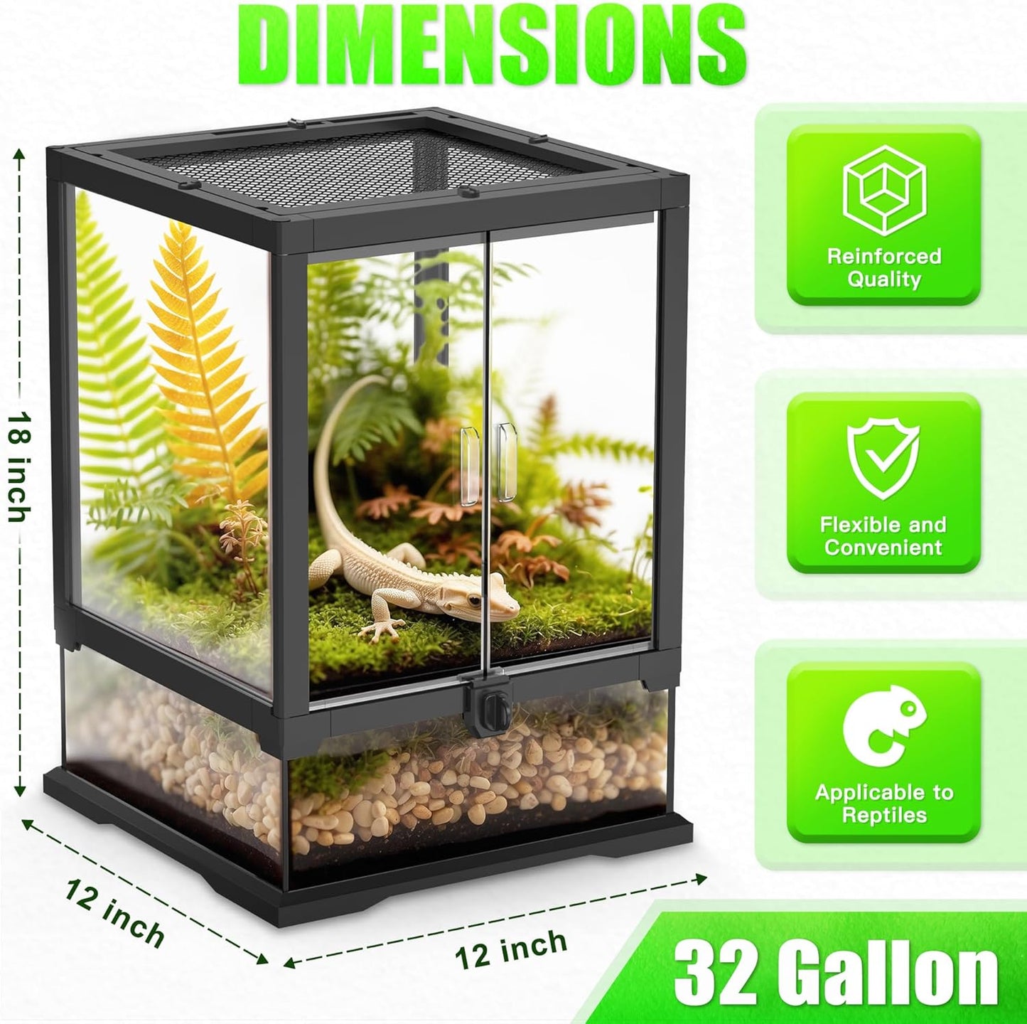 12’’x 12’’x 18’’ Reptile Terrarium with Full View Tempered Glass, 10 Gallon Reptile Habitat Comes with Mesh Top Vent, Suitable for Small Reptiles Such as Gecko, Snake, Frog and Mantis