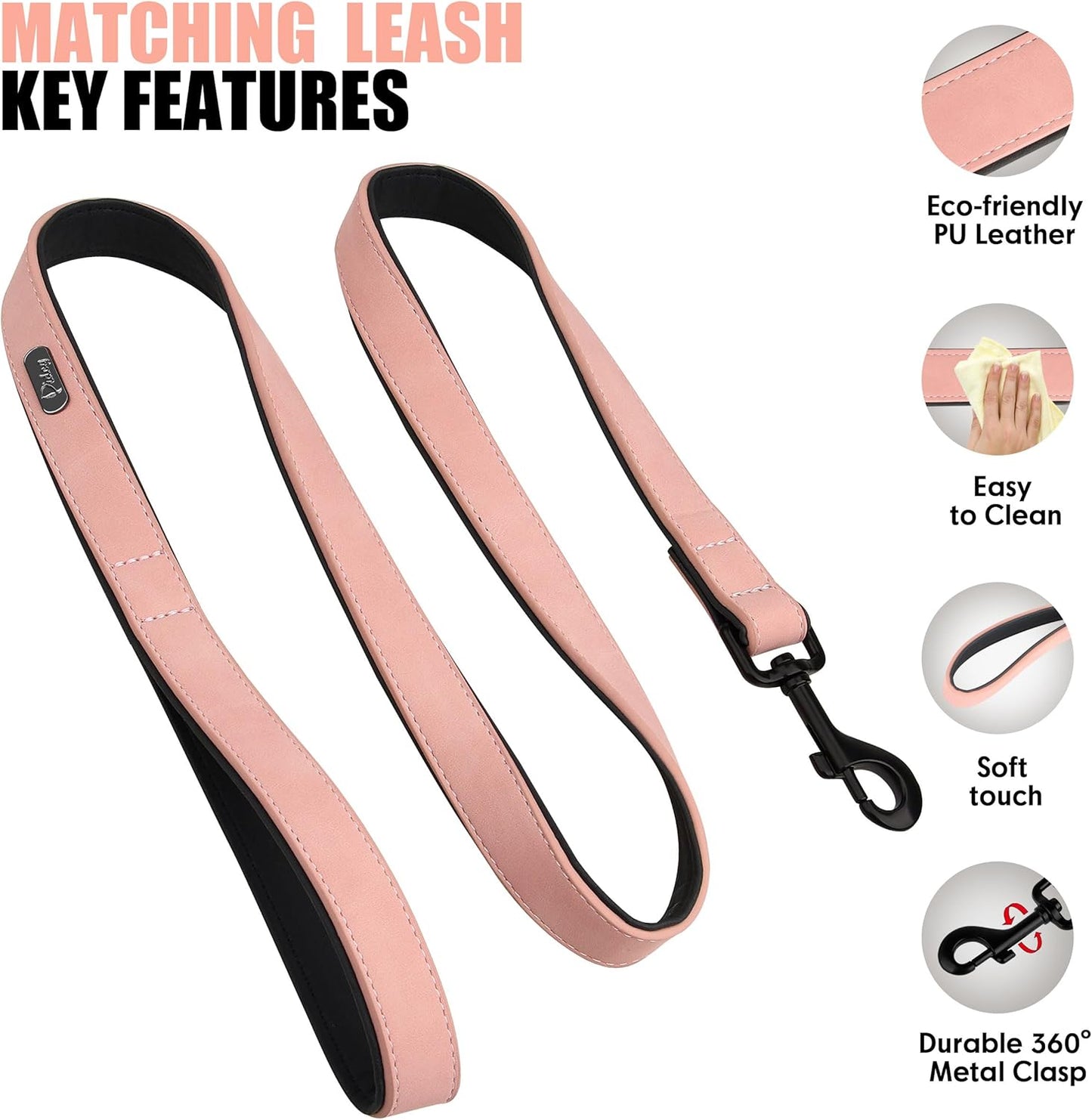 Didog Soft Padded Leather Dog Collar and Leash Set, Pink Breathable Pet Collars with 4FT PU Leather Dog Leash for Small Medium Large Dogs, Pink, XL