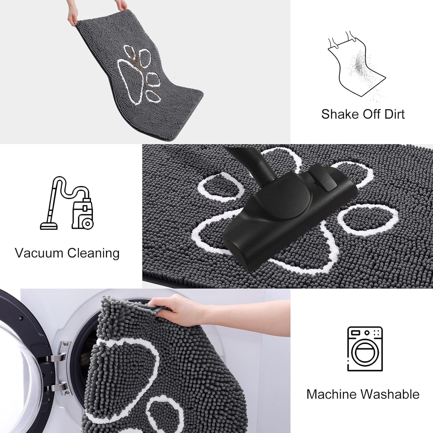 Smiry Dog Door Mat for Muddy Paws, Absorbent Dirt Trapper Non Slip Quick Dry Washable Chenille Mat for Mud Dogs, Entry Rug for Indoor and Outdoor (48x30 Inches, Dark Grey and White)