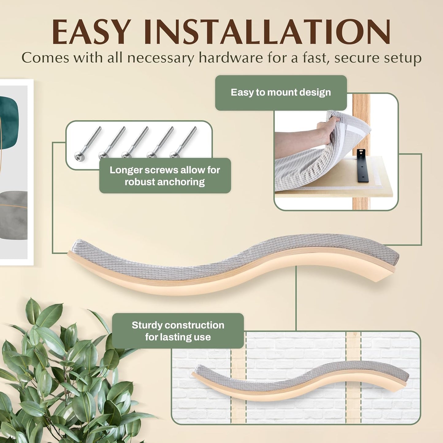 Extra Large 35.4” × 11.6” Stylish Cat Wall Shelves with Soft Cushion, Modern Wall-Mounted Cat Tree Furniture & Perch, Sturdy/Hidden Mounts, Machine Wash Cover, Sleek Design- CALLICO HAVEN Wave S-Shape